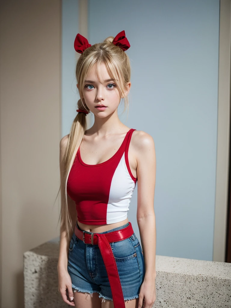 1girl, 16yo, blonde hair, very long hair, twintails, red ribbon, blue eyes, shy, ,akizuki airi, blonde_hair, blue eyes, twintails, very_long_hair, hair_ornament red, hair_scrunchie red, medium_breasts,akizuki airi, blonde_hair, blue eyes, twintails, very_long_hair, hair_ornament red, hair_scrunchie red, medium_breasts, wearing a white tank top, some blue jean shorts, with a red belt, full body photography, ranking: explicit
