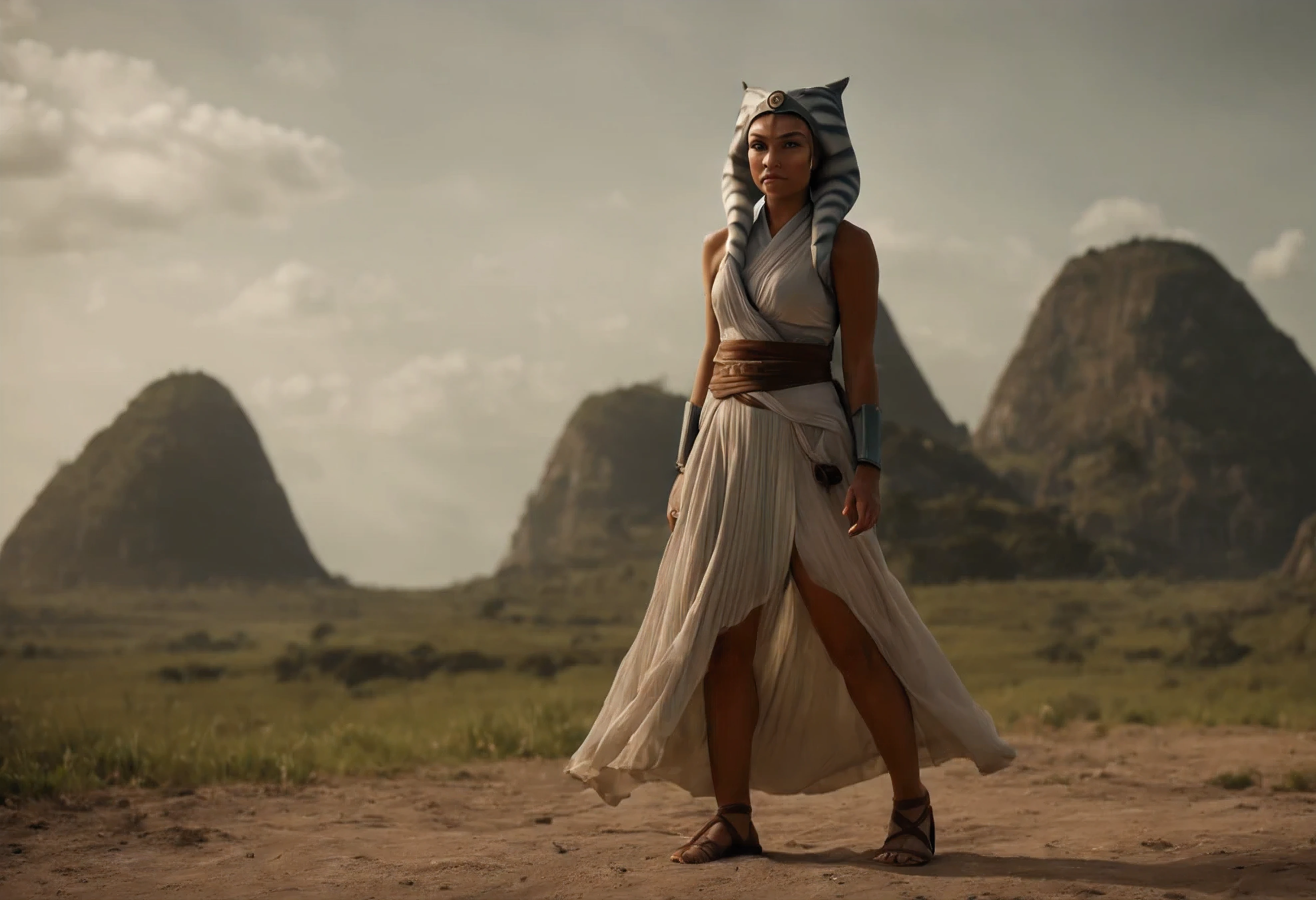 cinematic film still ahsoka tano thunderous clap wearing wrap top, pleated skirt, and block heel sandals at the wandering isles, a group of islands that float aimlessly through the sky, home to nomadic tribes and mythical creatures, full body shot . shallow depth of field, vignette, highly detailed, high budget Hollywood movie by park chan-wook, bokeh, cinemascope, moody, epic, gorgeous, film grain, grainy