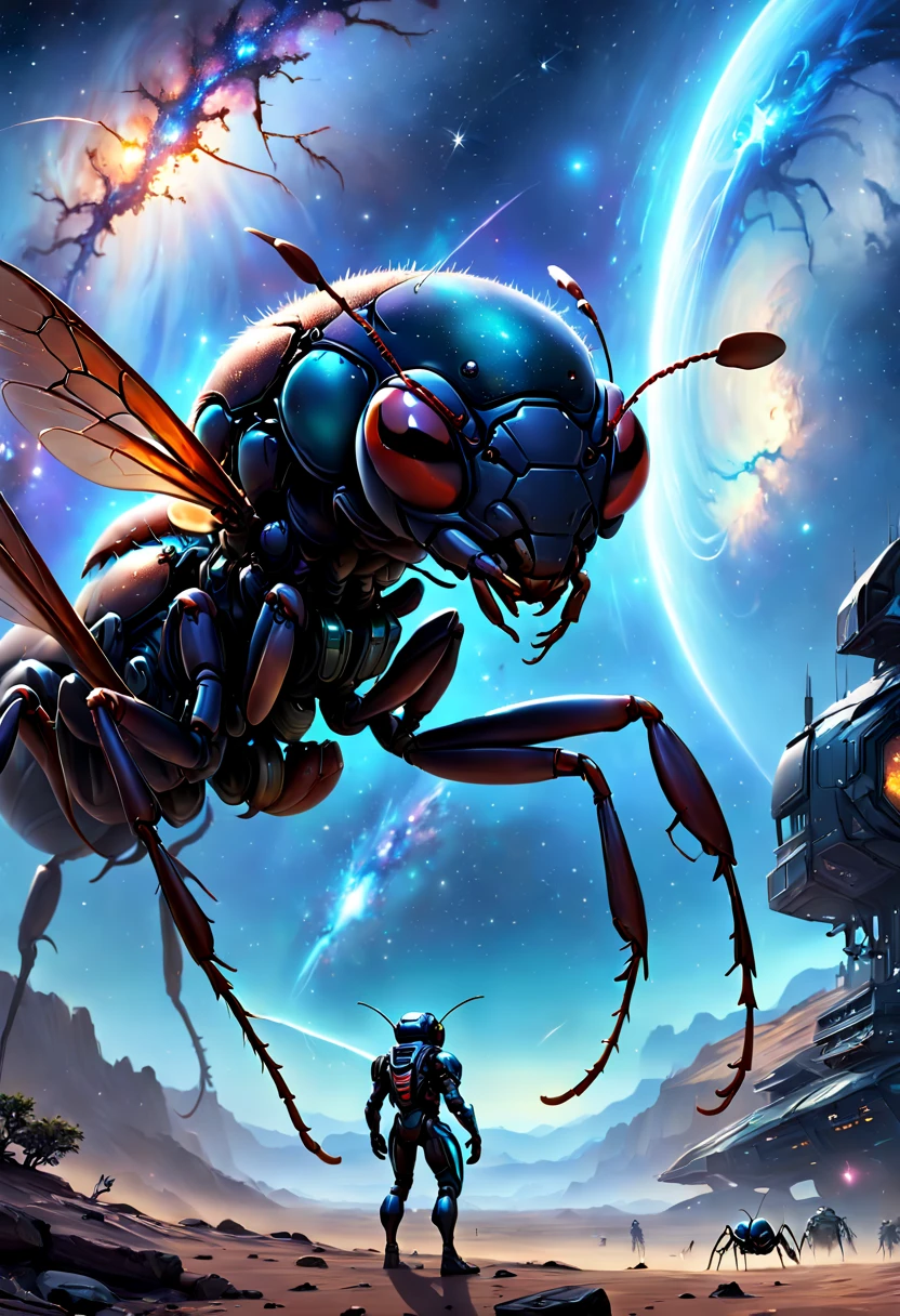 (best quality, 4k, 8k, high resolution, masterpiece:1.2), Super detailed, (actual, lifelike, photorealistic:1.37),A giant ant breaks into the galaxy,Detailed giant ant,as big as a planet,Surreal,Epic dreamy beautiful science fiction art,Sci-fi digital art,Futuristic starry sky background,Beautiful sci-fi art, Sci-fi digital art插画, Digital cyberpunk art, Sci-Fi Digital Painting, Futuristic digital painting, Futuristic concept art, In front of science fiction starry sky landscape, Sci-fi digital art, 先进的Digital cyberpunk art, Amazing cyberpunk ant