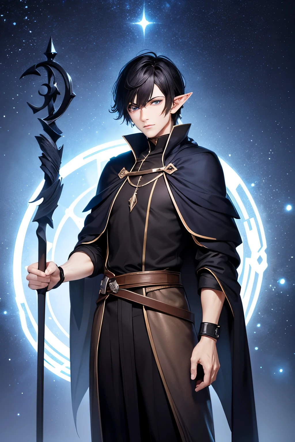 A male half-elf wizard, with short black hair, blue eyes, dressed in a black robe, holding a wooden staff in his hand, with a magic tower and starry sky in the background