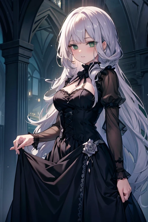 A silver haired woman with green eyes is wearing a gothic dress is working on a spell
