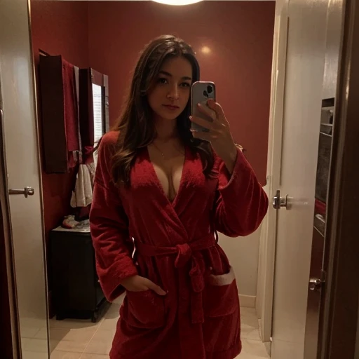 sexy woman, in a Christmas bathrobe, mirror selfie