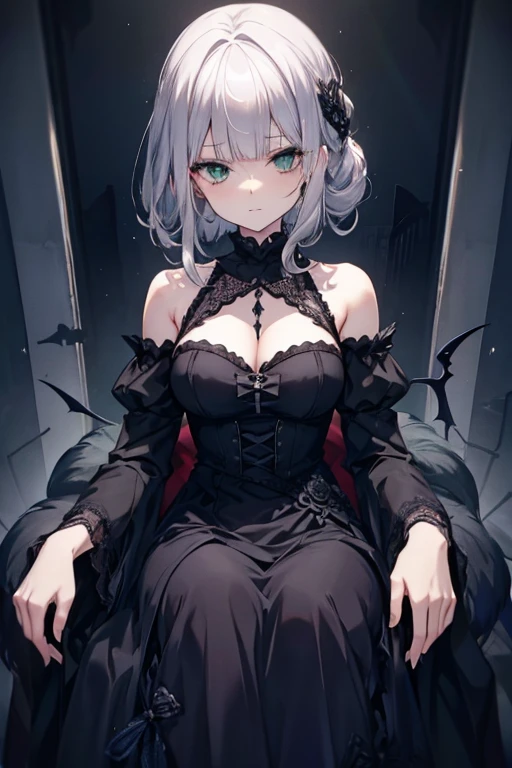 A silver haired woman with green eyes is wearing a gothic dress is summoning a demon