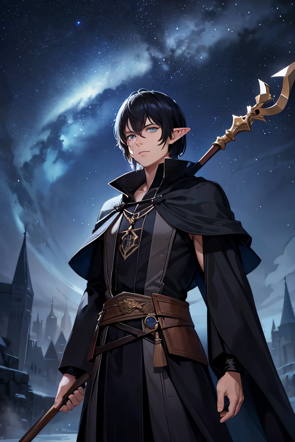 A male half-elf wizard, with short black hair, blue eyes, dressed in a black robe, holding a wooden staff in his hand, with a magic tower and starry sky in the background