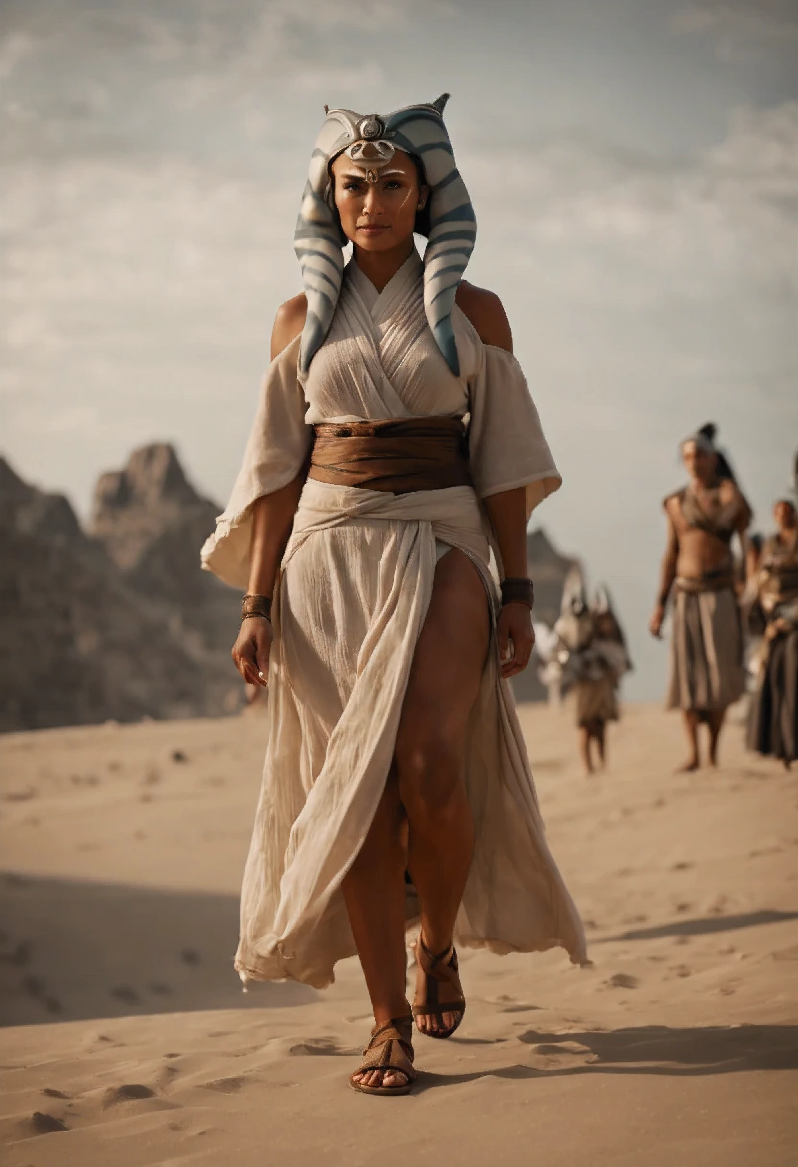 cinematic film still ahsoka tano thunderous clap wearing wrap top, pleated skirt, and block heel sandals at the wandering isles, a group of islands that float aimlessly through the sky, home to nomadic tribes and mythical creatures, full body shot . shallow depth of field, vignette, highly detailed, high budget Hollywood movie by park chan-wook, bokeh, cinemascope, moody, epic, gorgeous, film grain, grainy