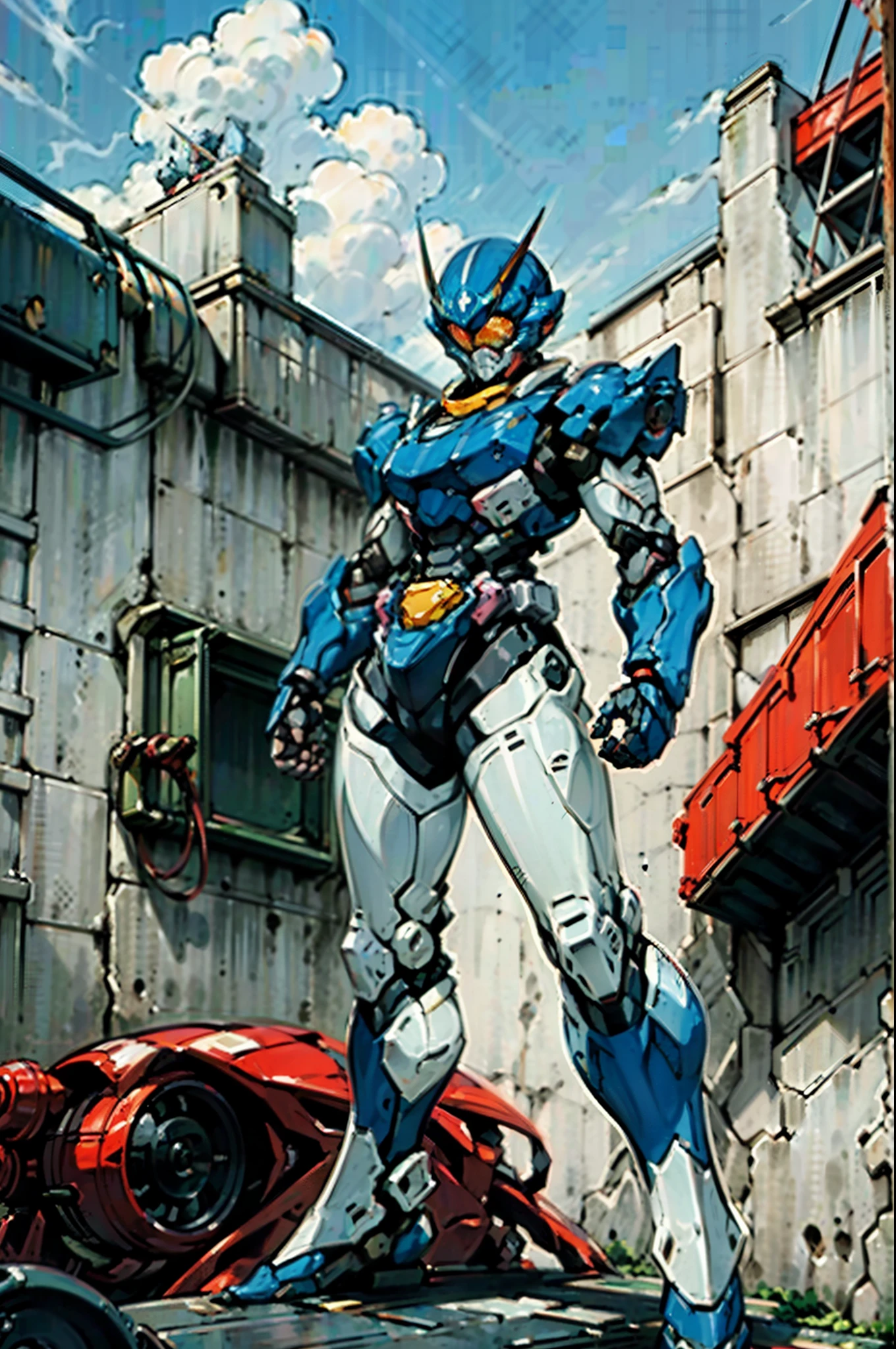 A super a high-tech biotech battle suit, standing on a rooftop, looking over the city, Japanese tokusatsu and American comic style, biometallic texture of the suit, sleek and shiny, dynamic, fast, natural light, cinematic, high quality, high resolution, high detail, sophisticated design, dramatic, high definition, ultra-detailed, ultra-fine painting, extremely delicate, creativity, Natural light, cinematic lighting, best shadow, masterpiece-anatomy-perfect