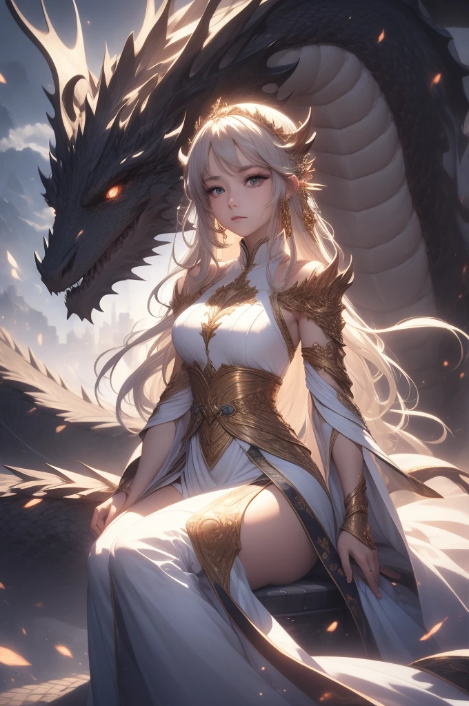 1 girl, goddess, Holy, noble, fairy tale, sitting, Detailed face, delicate eyes, dragon, dragon,