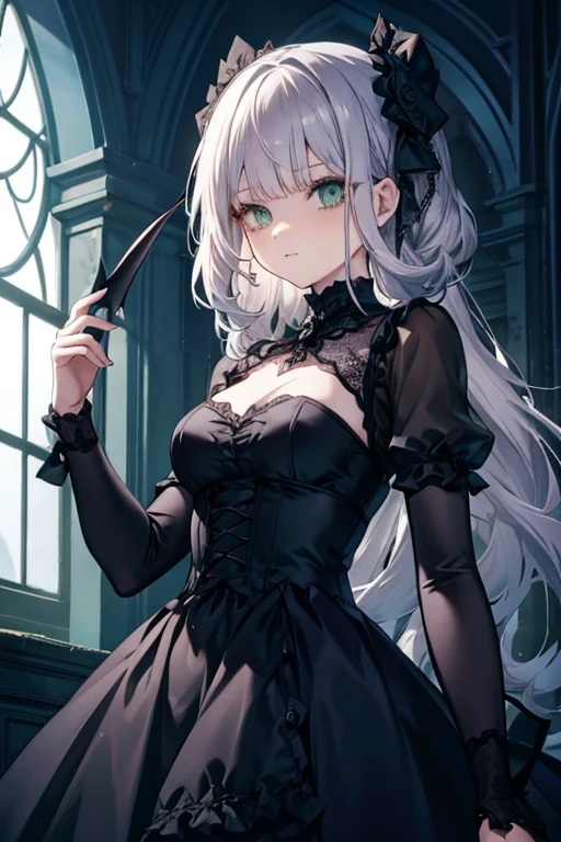 A silver haired woman with green eyes is wearing a gothic dress is holding a bat