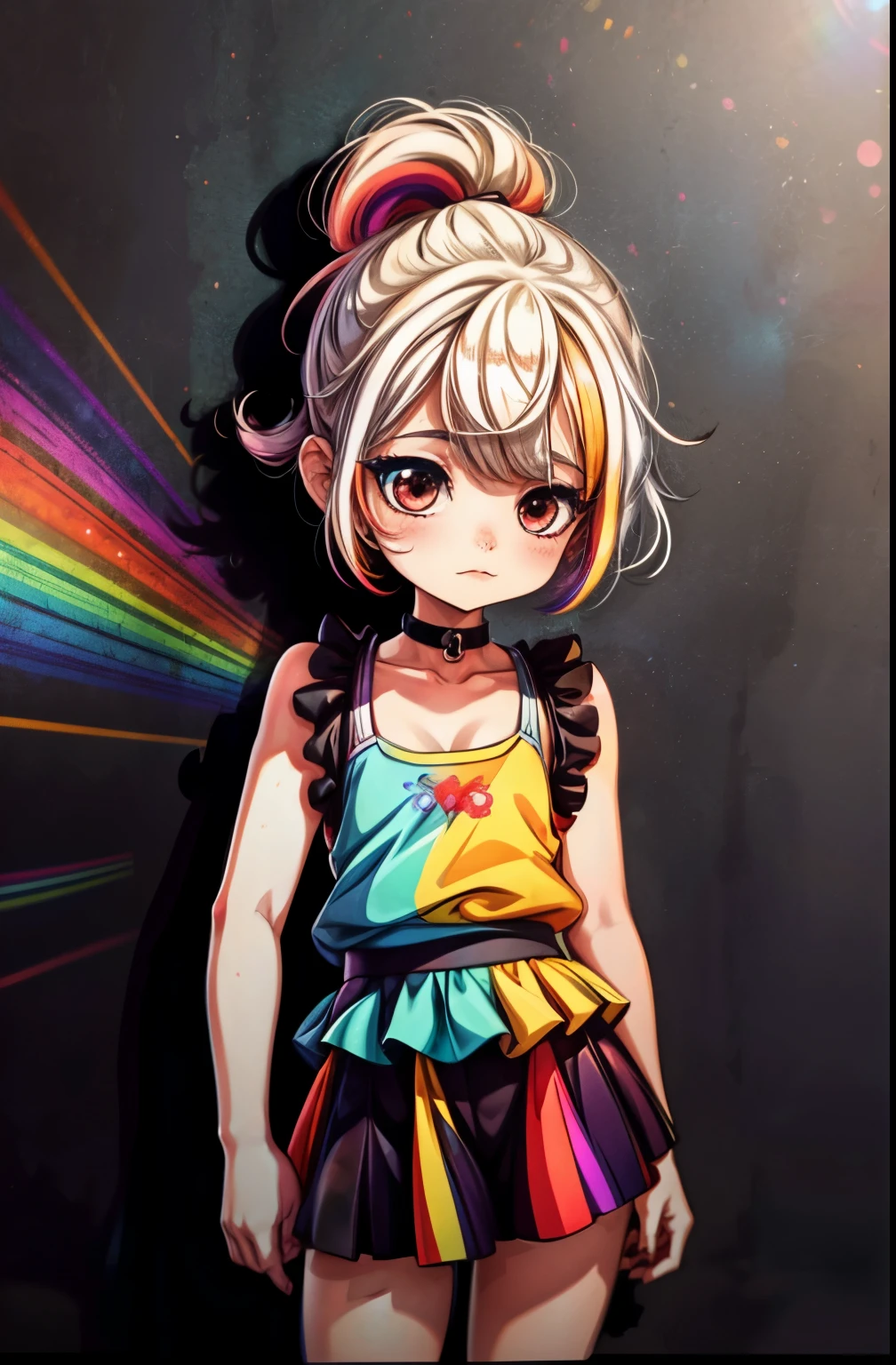 Rainbow on background、rainbow colors、Colorful、highest quality、Super high resolution、(photoreal:1.4)、Female 1 Person、Sleeveless white buttoned shirt、black skirt、black choker、cute、(Kpop Idle)、(charm:1)、(platinum blonde hair:1)、((puffy eyes))、look at the audience、Full body Esbian、facing the front