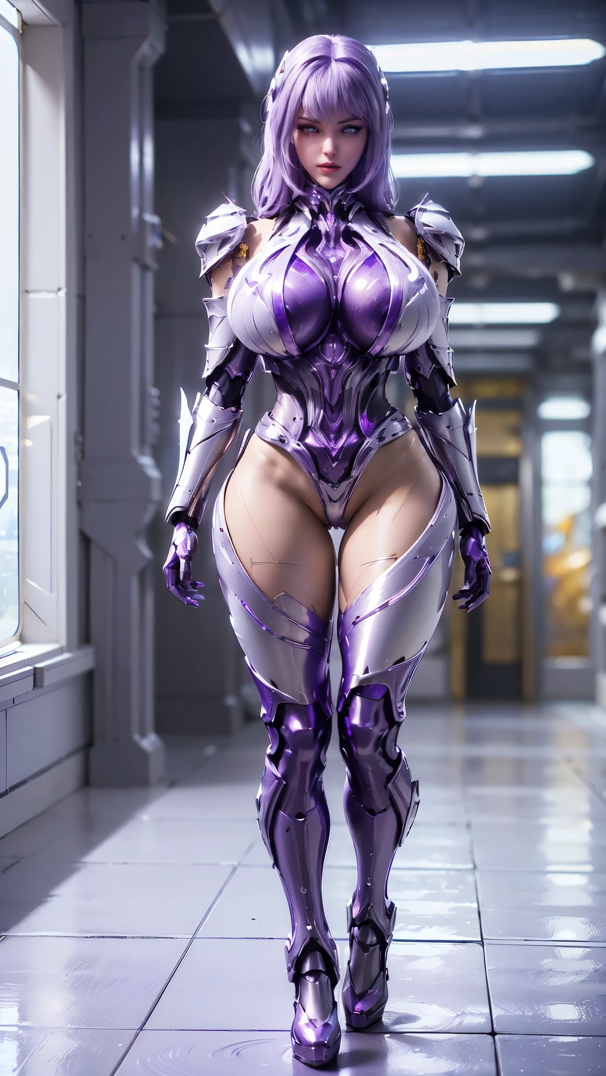 Nsfw A beauty girl with white hair, (1GIRL, ALONE, SOLO), (PHOENIX GOLD HELM), (BIG BUTTOCKS, HUGE FAKE BREAST:1.5), (CLEAVAGE:1.5), (BARE MUSCLE ABS:1.3), (MECHA GUARD ARMS:1.1), (PURPLE SHINY FUTURISTIC MECHA BIKINI, BLACK MECHA SKINTIGHT SUIT PANTS, MECHA GUARD ARMOR LEGS, HIGH HEELS:1.5), (MUSCULAR BODY, SWEATY SKIN, SEXY LONG LEGS:1.1), (LOOKING AT VIEWER:1.3), (female focus:0.9), (WALKING HALLWAY OF FUTURISTIC SPACE STATION:1), (BRIGHT LIGHT WHITE_ROOM:1.3), HYPER TEXTURE, 4X MSAA, UNREAL ENGINE RENDER, PHYSICALLY-BASED RENDERING, ULTRA HIGHT DEFINITION, 16K, 1080P.