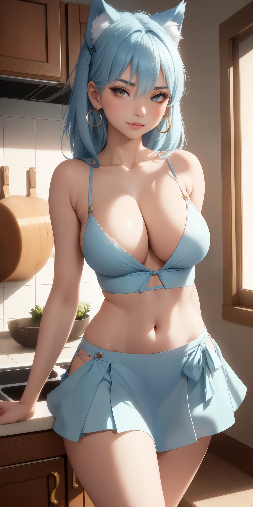 Medium and round breasts, she is an adult woman ((she is a beautiful and cute Wolf Girl)), (long light blue hair, beautiful earrings, bow in her hair), double eyelids, brown eyes, clear and detailed, hyper detailed, light effect on the eyes, detailed iris, sensual body, ((beautiful blouse with straps, short and tight skirt, delicate and elegant with beautiful details, beautiful and cool)), ((masterpiece, hyper realistic, hyper detailed, best quality , 16k, light and shadow on the skin, vivid colors)), eyeliner, thin eyebrows, sensual expression, perfect lips, innocent and sexy face, ((skin with light and shadow), beautifully seductive and embarrassed woman, passionate expression, passionate smile ((she is a beautiful woman with a beautiful body)), flirting with the viewer, beautiful, charming, ((in the kitchen)), (body tilt) ((elegant sensual pose: 1.3))