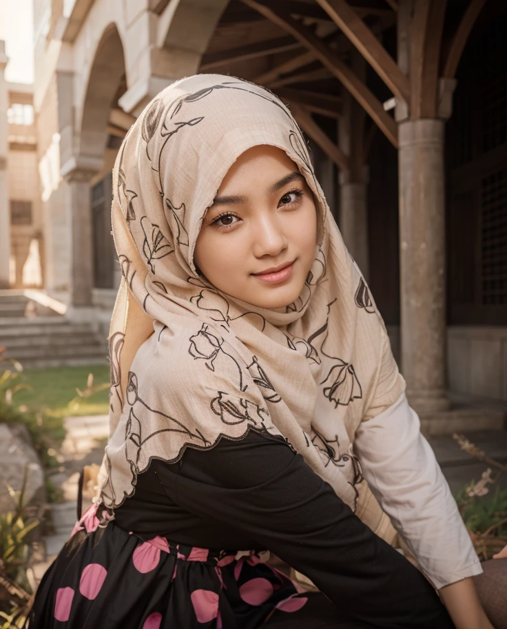 (masterpiece),(very detailed),a half body of a Korean woman wearing a hijab and a black and pink shirt, beautiful aesthetic face, her skin is light brown, mosque background, girl cute-fine-face, attractive female face!!!, with accurate face, attractive beautiful face, beautiful delicate face, very pretty face, with cute - fine - face, hijab, attractive girl, cute - fine - face, cute-fine-face