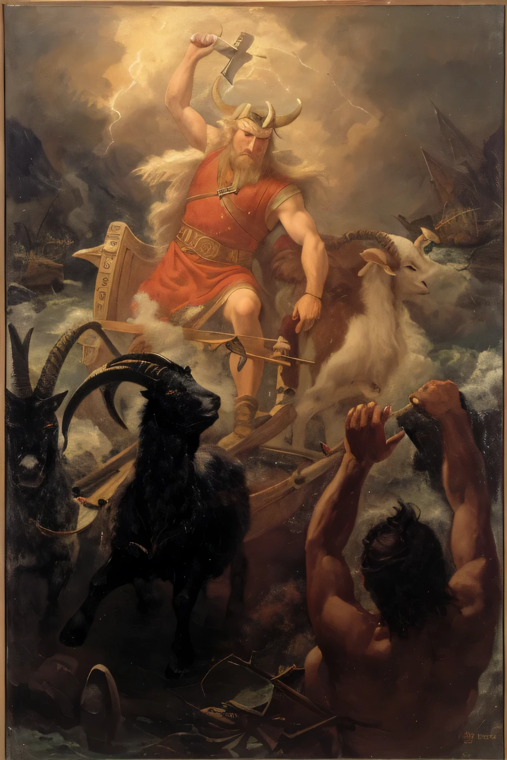 painting of a man in a boat with a horned head and a goat with horns, norse god, Gustavo, pintura de Golias, pó Sándor Bihari, Odin, por Bela Kondor, by Karel Štěch, Daniel, Norse mythology, pó Aladár Körösfői-Kriesch, Thor