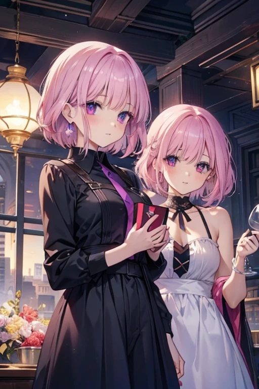 a pink haired woman with violet eyes with an hourglass figure and short hair is presenting a present to a friend