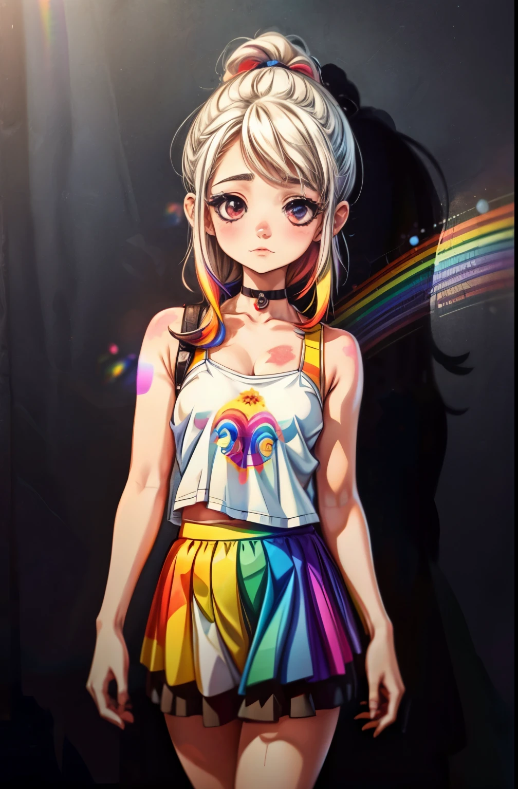Rainbow on background、rainbow colors、Colorful、highest quality、Super high resolution、(photoreal:1.4)、Female 1 Person、Sleeveless white buttoned shirt、black skirt、black choker、cute、(Kpop Idle)、(charm:1)、(platinum blonde hair:1)、((puffy eyes))、look at the audience、Full body Esbian、facing the front