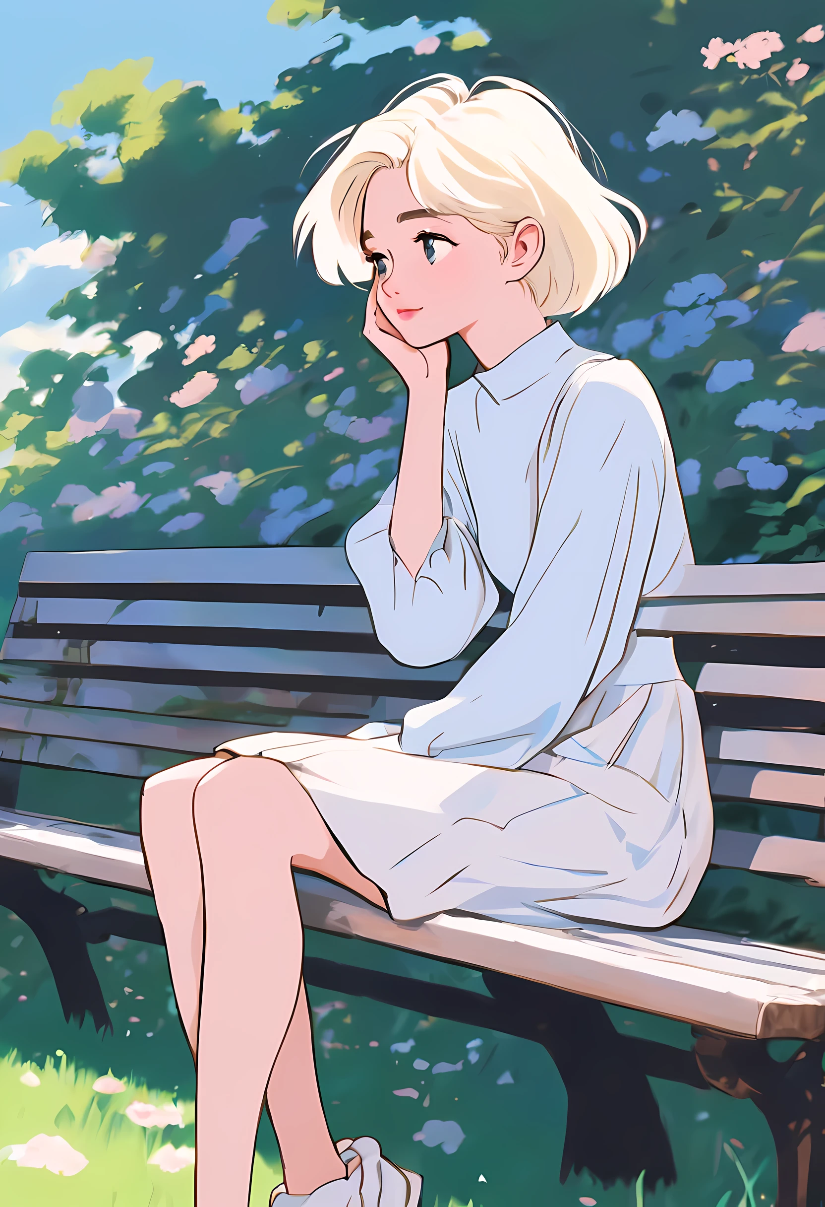 anime girl with platinum blonde hair sitting on a bench with her hand on her face looking to the sky, digital anime illustration, painted in anime painter studio, anime style illustration, made with anime painter studio, in anime style, in an anime style, with short hair, anime style portrait, lofi girl, 🤤 girl portrait, sitting in the garden, anime artstyle, clean detailed anime style