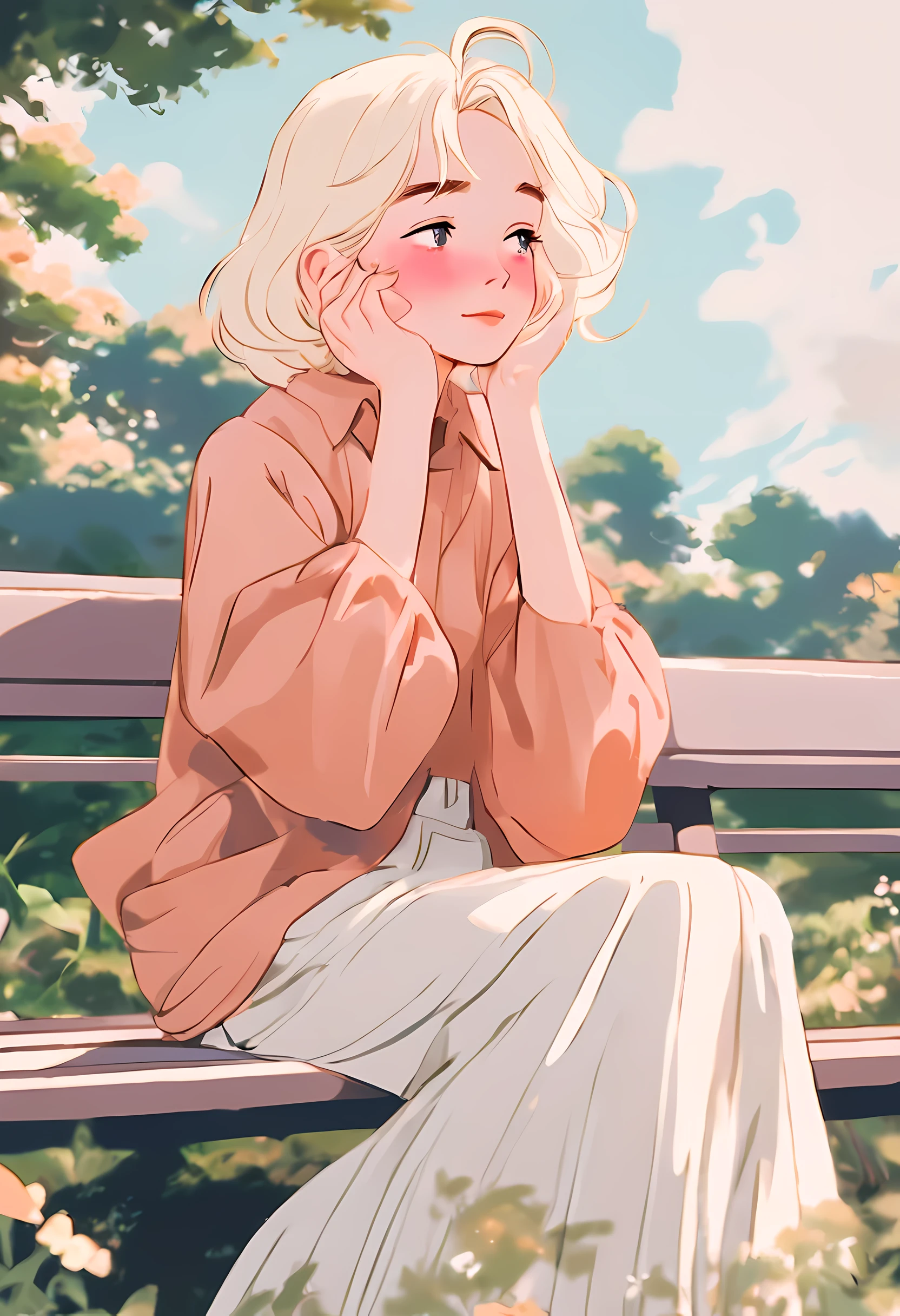 anime girl with platinum blonde hair sitting on a bench with her hand on her face looking to the sky, digital anime illustration, painted in anime painter studio, anime style illustration, made with anime painter studio, in anime style, in an anime style, with short hair, anime style portrait, lofi girl, 🤤 girl portrait, sitting in the garden, anime artstyle, clean detailed anime style