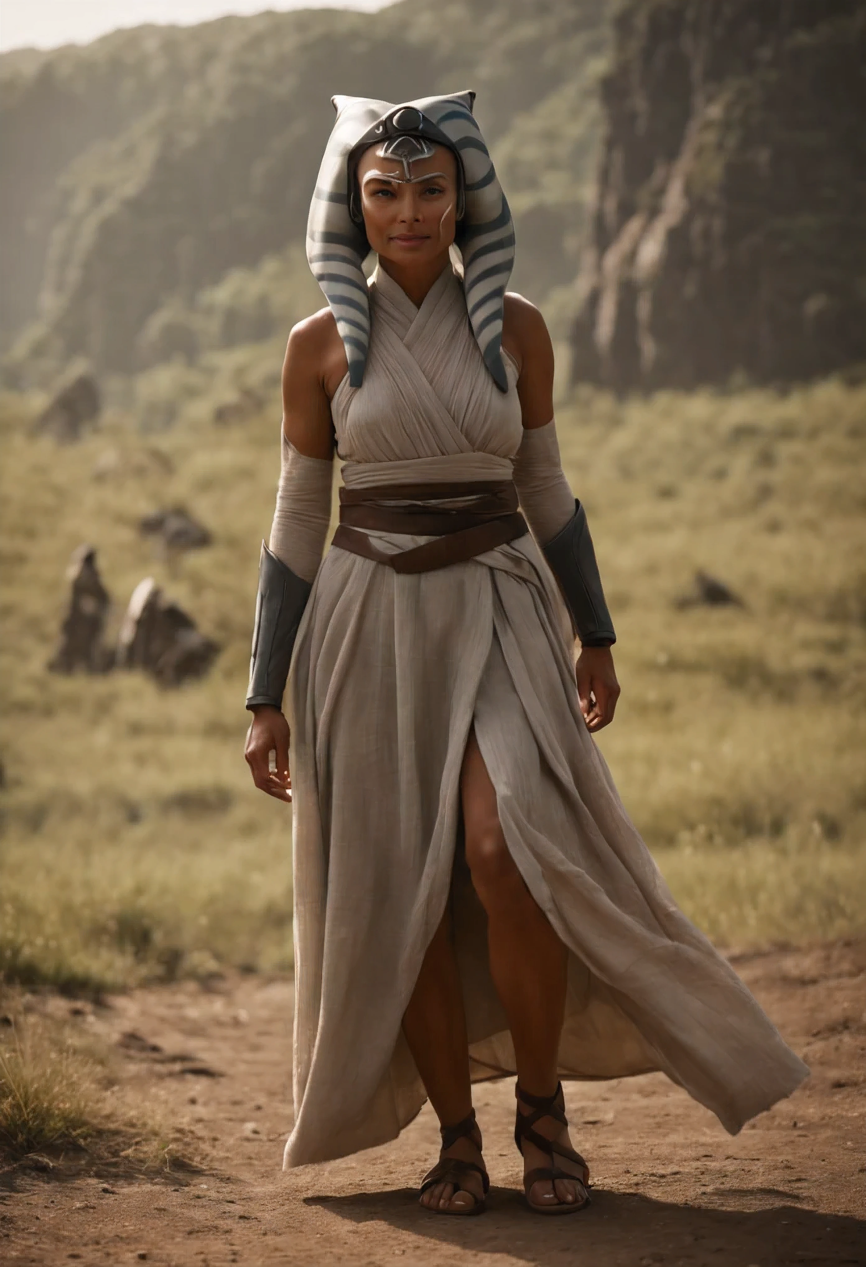 cinematic film still ahsoka tano thunderous clap wearing wrap top, pleated skirt, and block heel sandals at the wandering isles, a group of islands that float aimlessly through the sky, home to nomadic tribes and mythical creatures, full body shot . shallow depth of field, vignette, highly detailed, high budget Hollywood movie by park chan-wook, bokeh, cinemascope, moody, epic, gorgeous, film grain, grainy
