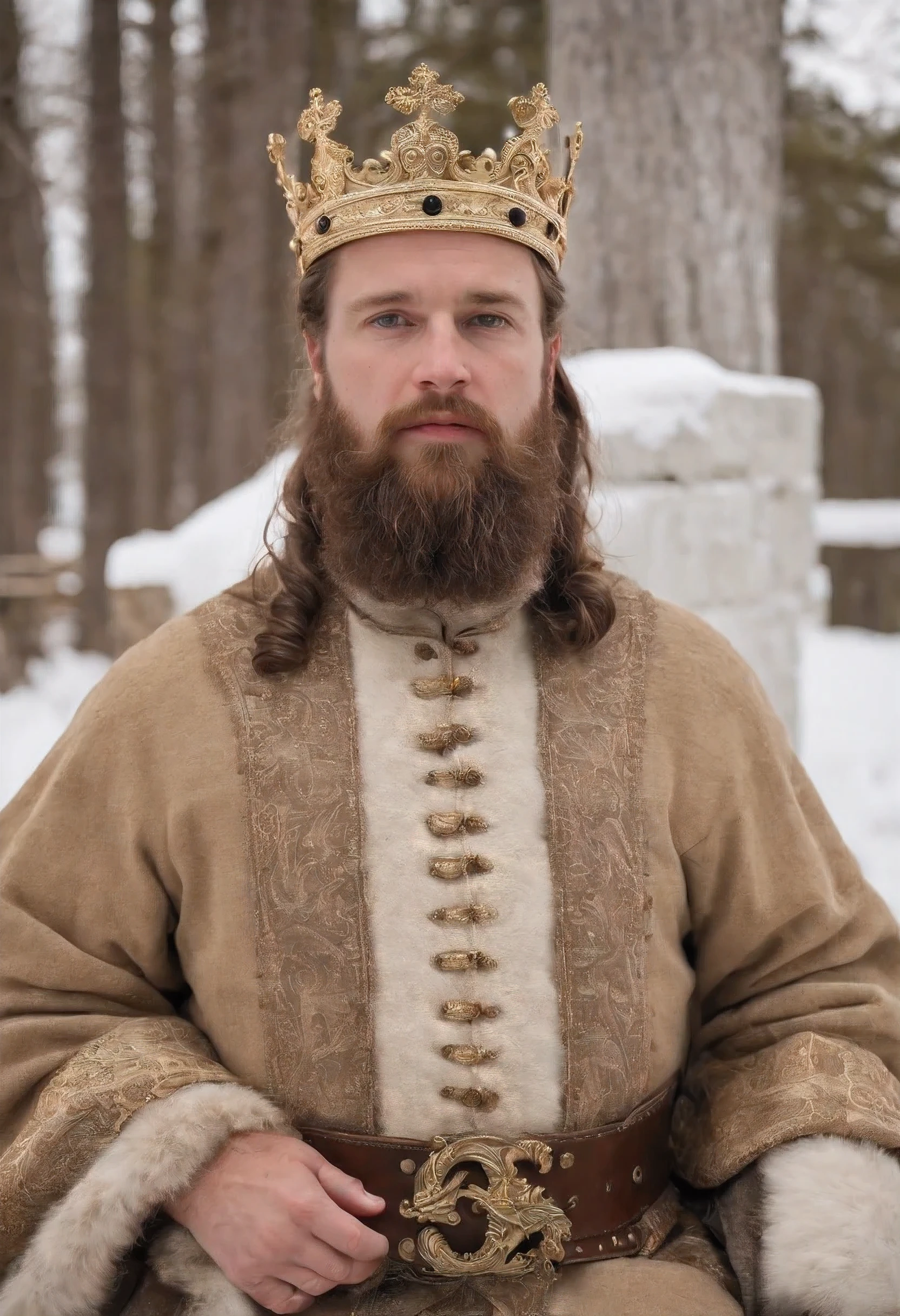 King James I "the Bearded"
Current reigning monarch over the Kingdom of Michigan (alternately known as the Kingdom of Mittenia)
House of Great Lakes dynasty, possible founder James "Icebreaker" Greycastle who led the forces securing the Michigan regions for the crown in the late 1500s
Distinguished warrior lineage - the epithet "the Bearded" suggests King James has a full robust beard, suggesting bold vigour. Perhaps he even wears braids after the style of Norse conquerors. This contrasts clean-shaven Norman or French fashion popular in medieval courts and implies more affinity with rugged Scottish or Russian nobles.
As king, James the Bearded reigns from the royal palace Fort Michilimackinac on Mackinac Island at the strategic juncture between Lake Huron and Lake Michigan.
He claims titles to all lands across Michigan by right of inheritance and through treaties securing territory from rival Dutch, English and Spanish New World colonizers over the generations. Local aristocrat earls, dukes, and barons govern counties as vassals to the crown.