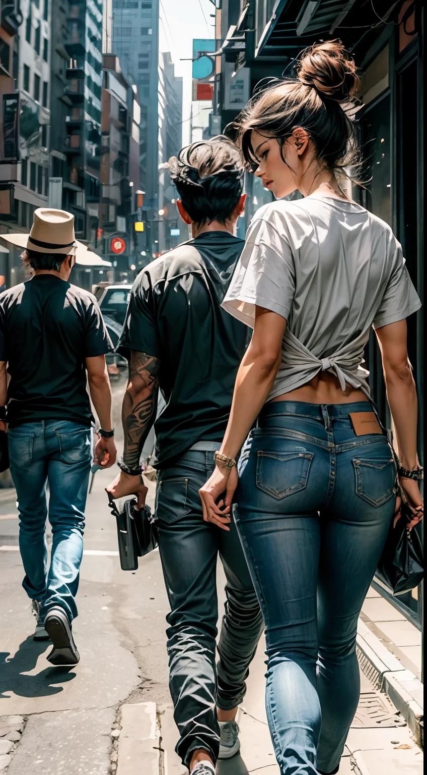 couple, full body, low back view, handsome older man, athletic build, white t-shirt and jeans, protecting his younger girlfriend with one arm, long brown hair, jeans, walking in the city at night.