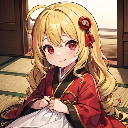 1girl,((child)),(((((loli))))),(((((10 years old))))),(((blonde hair))),ahoge,long hair,wavy hair,(((red eyes))),kimono,furisode,smile