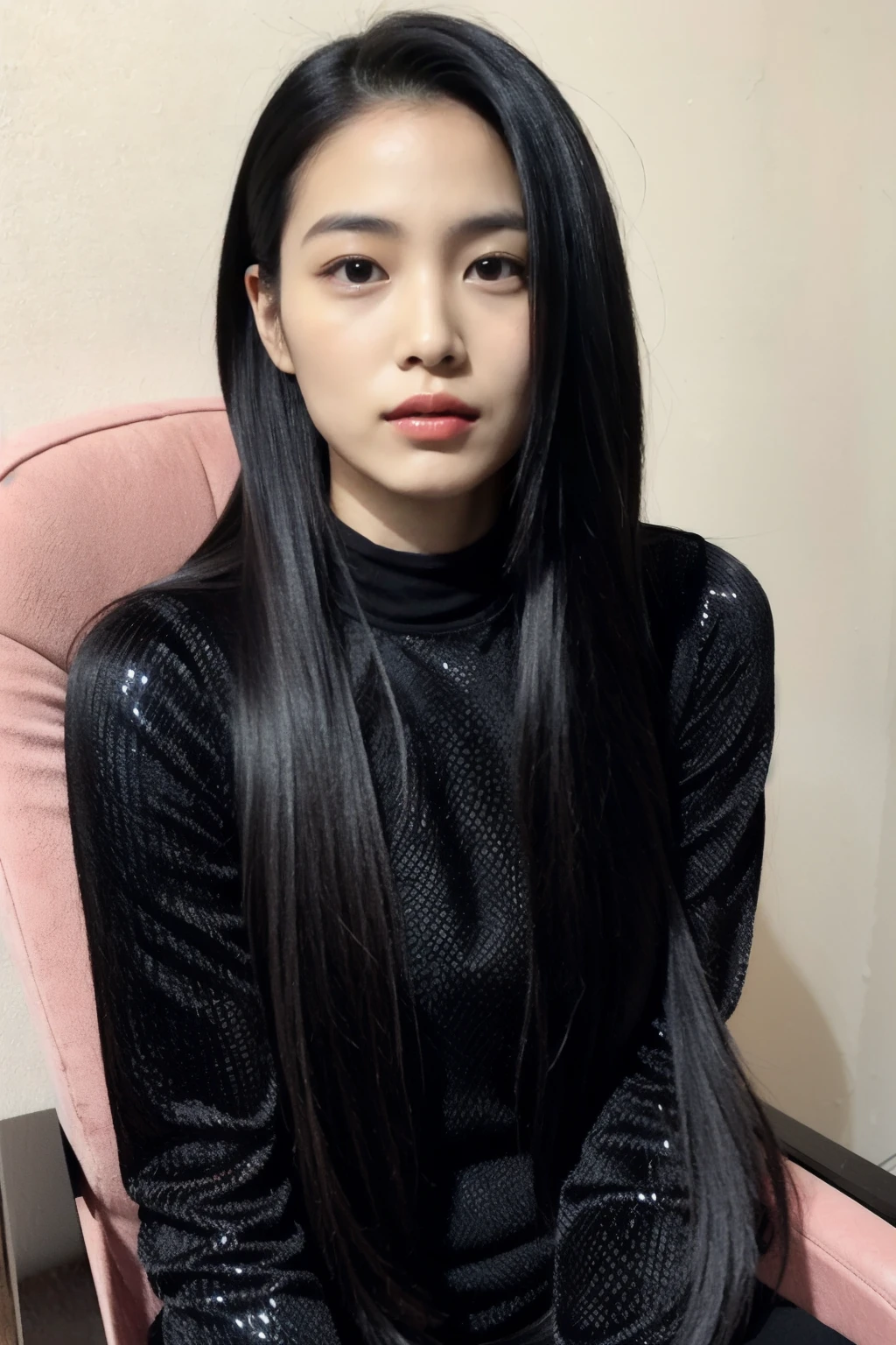 araffed woman with long black hair sitting on a pink chair, girl with super long hair, very long black hair, long black shiny hair, extremely long hair, with long hair, the woman has long dark hair, with long black hair, extra long hair, long black hair, her hair is long and straight, full hair, black silky hair