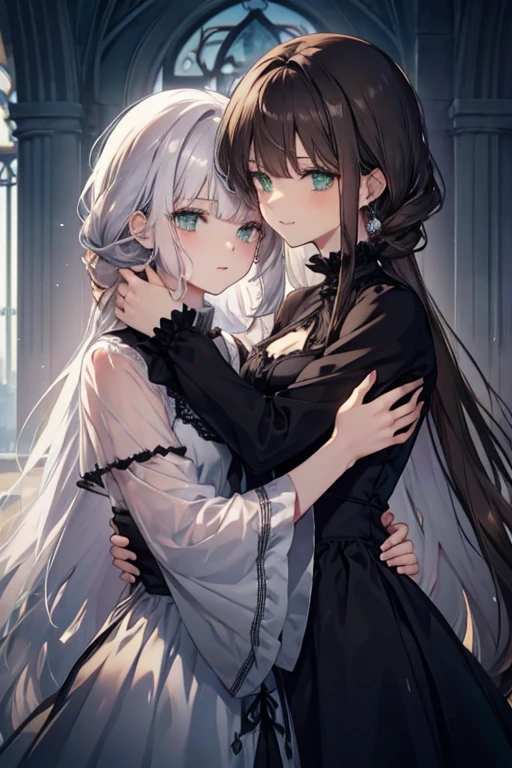 A silver haired woman with green eyes is wearing a gothic dress  is  hugging a black haired woman with brown hair. 
