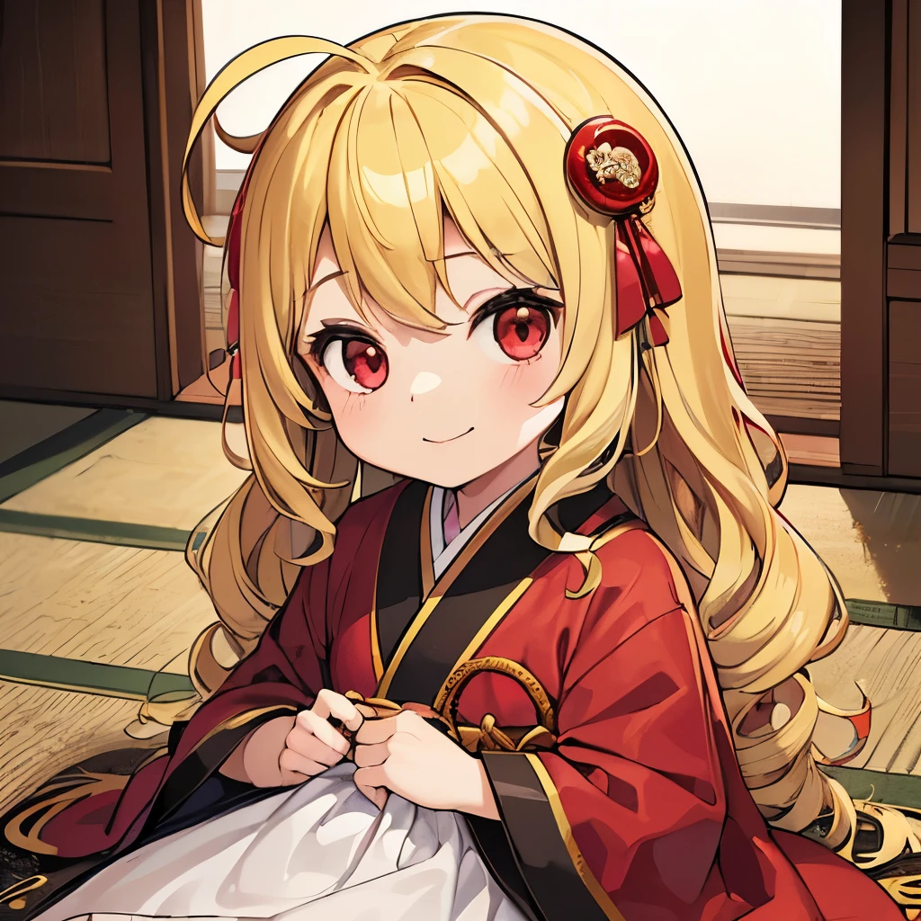 1girl,((child)),(((((loli))))),(((((10 years old))))),(((blonde hair))),ahoge,long hair,wavy hair,(((red eyes))),kimono,furisode,smile