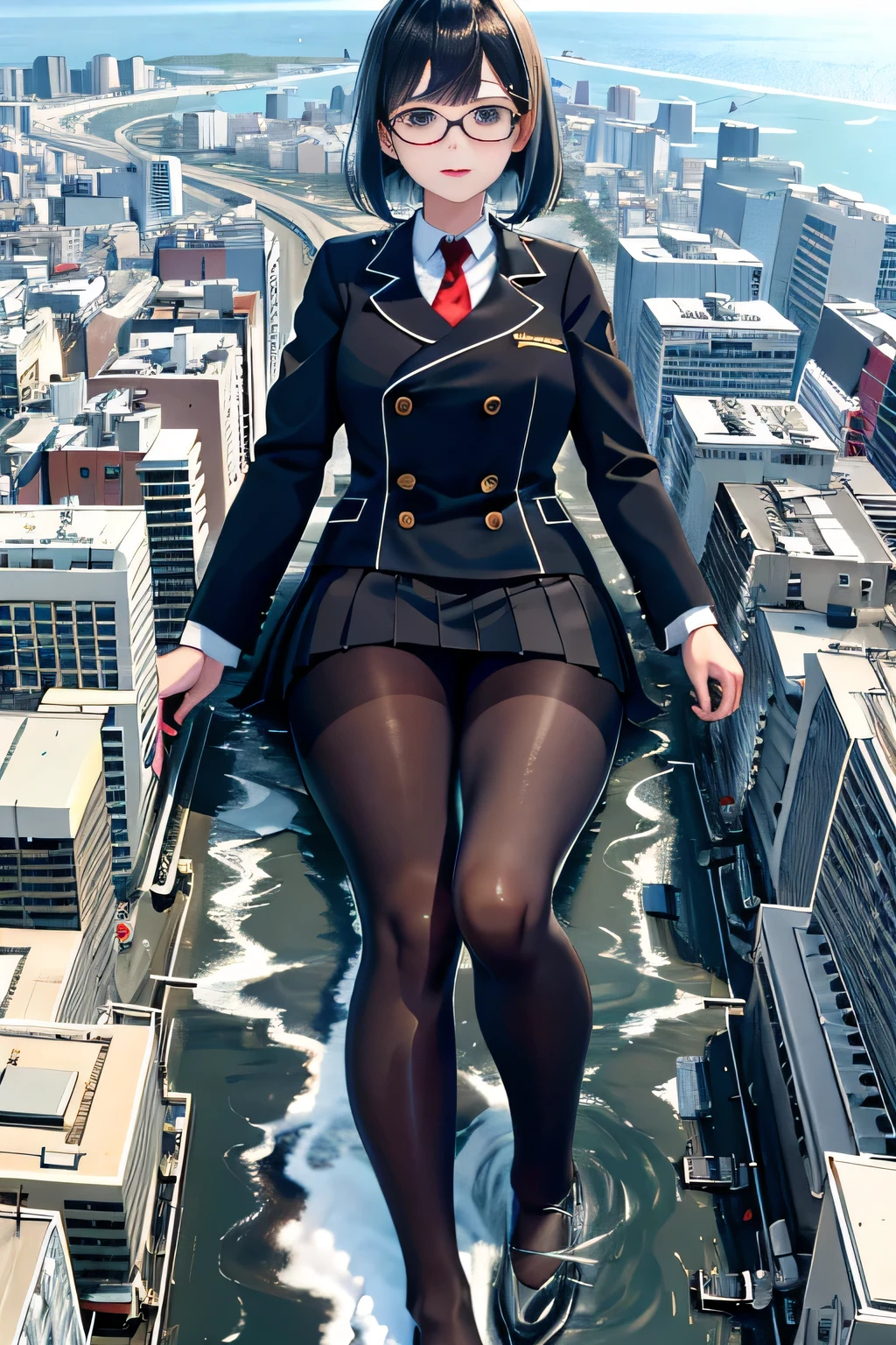 giantess art, surreal high school girl, 非常に詳細なGiantショット, Giant, short hair, black pantyhose, A gigantic high school girl that&#39;s much bigger than a skyscraper, wearing rimless glasses, big breasts, Navy blue blazer, Red tie, mini length skirt, black pantyhose, I don't wear shoes., very small metropolis, miniature metropolis, 足元までの高さしかないminiature metropolisで、Squatting down and urinating, The city is a sea of urine, tsunami of urine, Small trains and cars are being washed away by urine., full body description, gts, giga giantess, black pantyhose, pantyhose feet, pantyhose foot, ,stomping city,crash city,tiny city,micro city, peeing, crash aircraft carrier, tiny aircraft carrier, micro aircraft carrier,