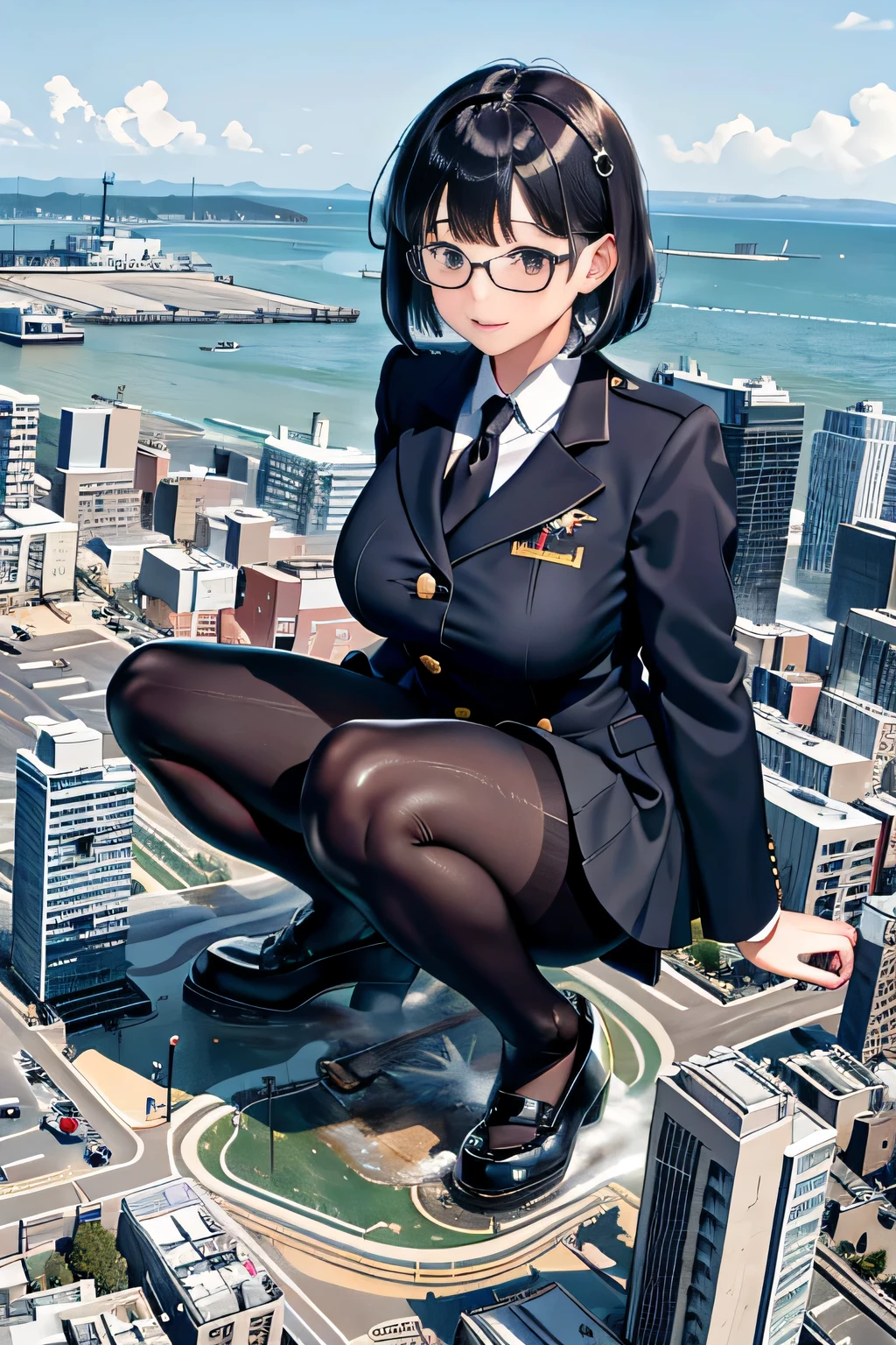 giantess art, surreal high school girl, 非常に詳細なGiantショット, Giant, short hair, black pantyhose, A gigantic high school girl that's much bigger than a skyscraper, wearing rimless glasses, big breasts, Navy blue blazer, Red tie, mini length skirt, black pantyhose, I don't wear shoes., very small metropolis, miniature metropolis, 足元までの高さしかないminiature metropolisで、Squatting down and urinating, The city is a sea of urine, tsunami of urine, Small trains and cars are being washed away by urine., full body description, gts, giga giantess, black pantyhose, pantyhose feet, pantyhose foot, ,stomping city,crash city,tiny city,micro city, peeing, crash aircraft carrier, tiny aircraft carrier, micro aircraft carrier,