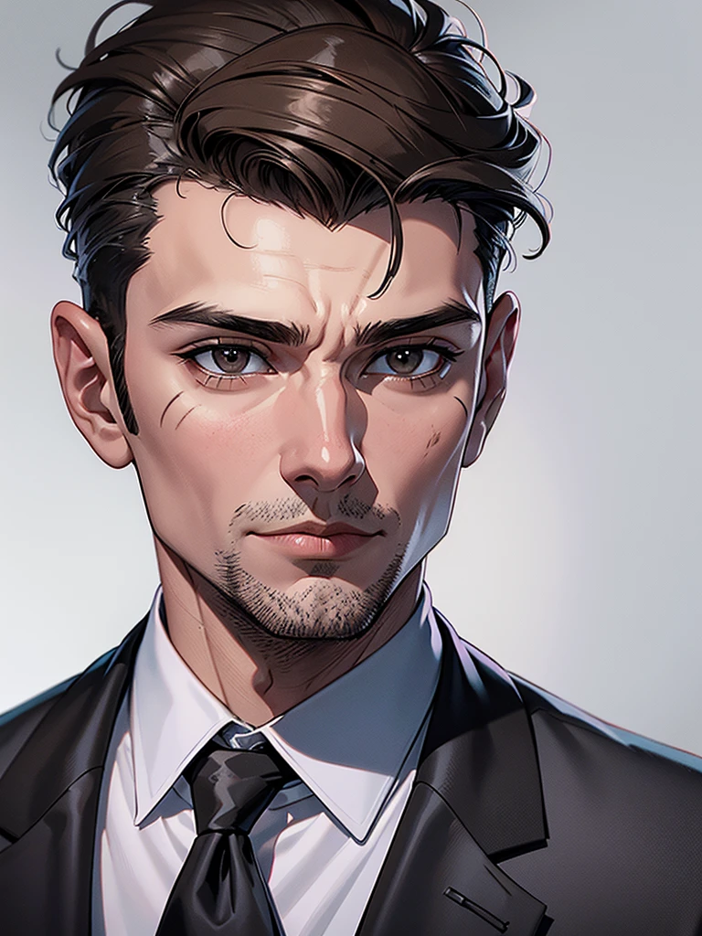 Cuvugar Trimes a human male middle-aged police investigator, white skin, brown eyes and a face with no scars, grey short hair style. Wearing a dark suit from the current era in a white background only. Face close up looking at the camera, comic book style