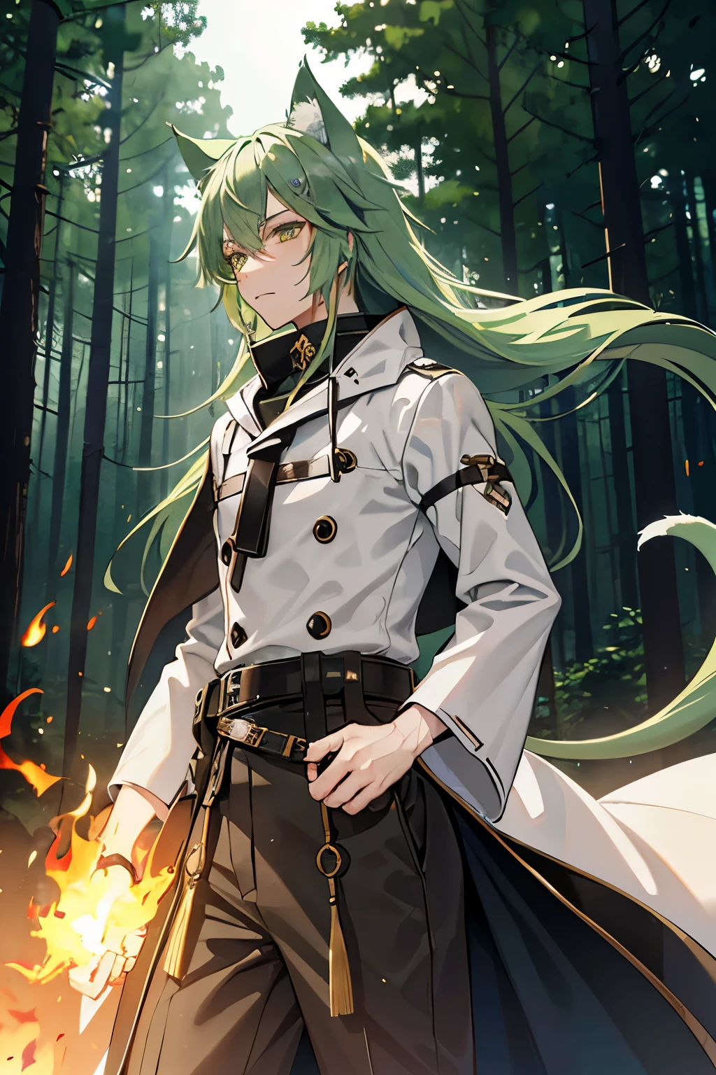 A man with cat ears and a tail, long green hair, gray cat eyes, dressed in adventurer clothes, a flame burning in one hand, with a beautiful dense forest in the background
