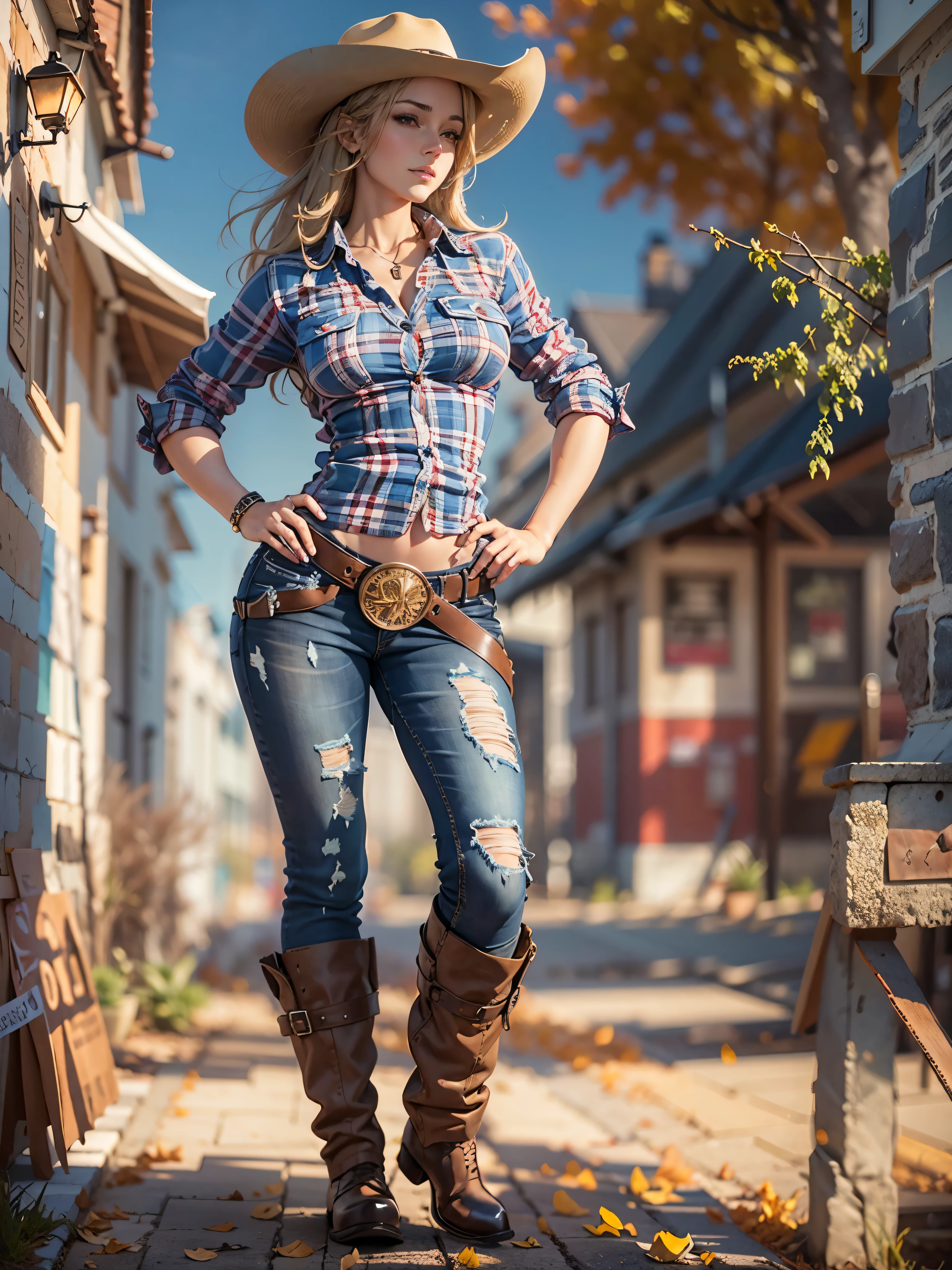 Masterpiece, art, full body shot, young beautiful woman, flawless skin, textured skin, very large firm breasts, perfect proportions, plaid shirt open, cowgirl, jeans, leather chaps, boots, hat, sunshine, blue sky, anime, sexy, erotic, UHD resolution, realistic detail, realistic reflections, realistic shadows, 3D,