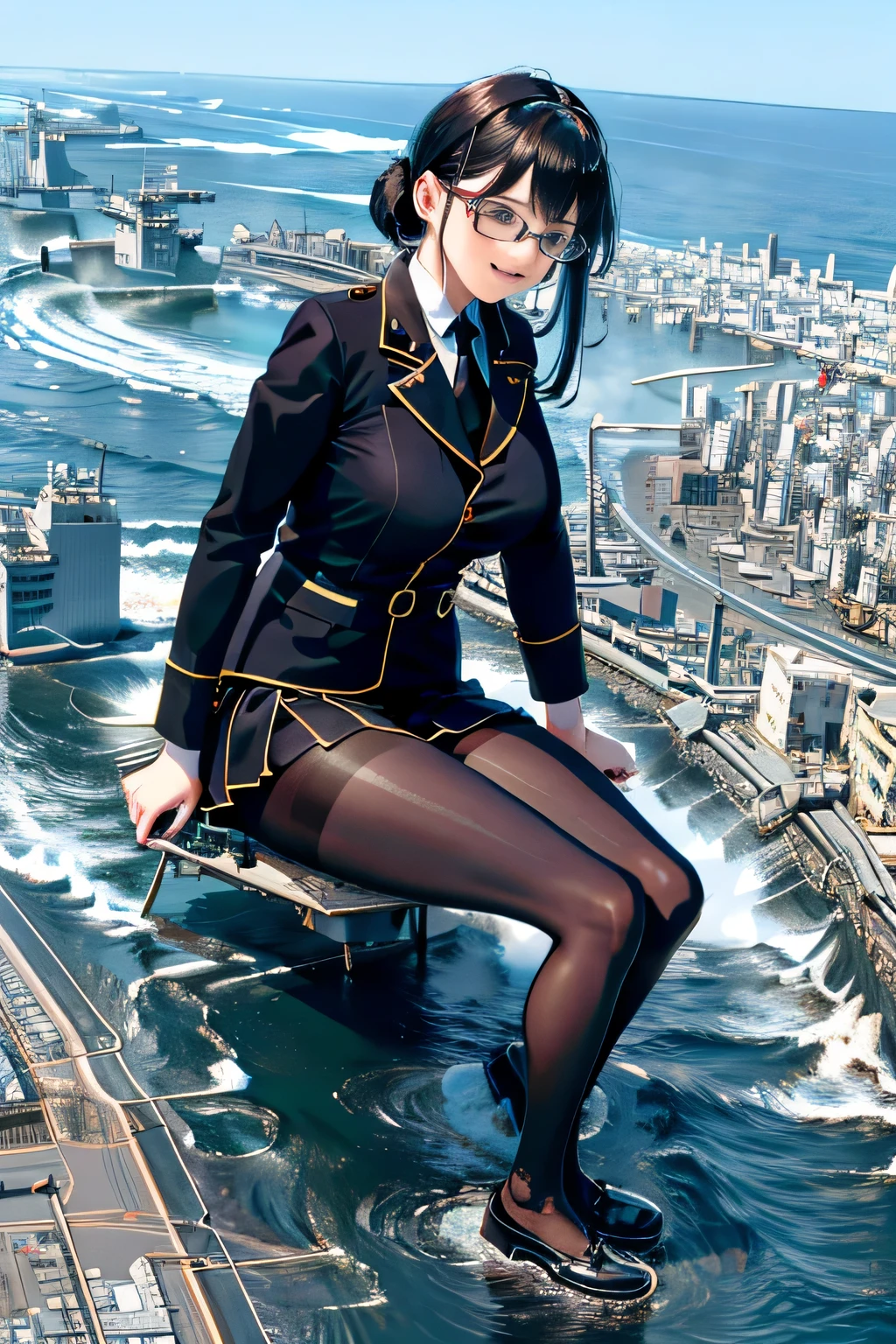 giantess art, surreal high school girl, 非常に詳細なGiantショット, Giant, short hair, black pantyhose, A gigantic high school girl that&#39;s much bigger than a skyscraper, wearing rimless glasses, big breasts, Navy blue blazer, Red tie, mini length skirt, black pantyhose, I don't wear shoes., very small metropolis, miniature metropolis, 足元までの高さしかないminiature metropolisで、Squatting down and urinating, The city is a sea of urine, tsunami of urine, Small trains and cars are being washed away by urine., full body description, gts, giga giantess, black pantyhose, pantyhose feet, pantyhose foot, ,stomping city,crash city,tiny city,micro city, peeing, crash aircraft carrier, tiny aircraft carrier, micro aircraft carrier,