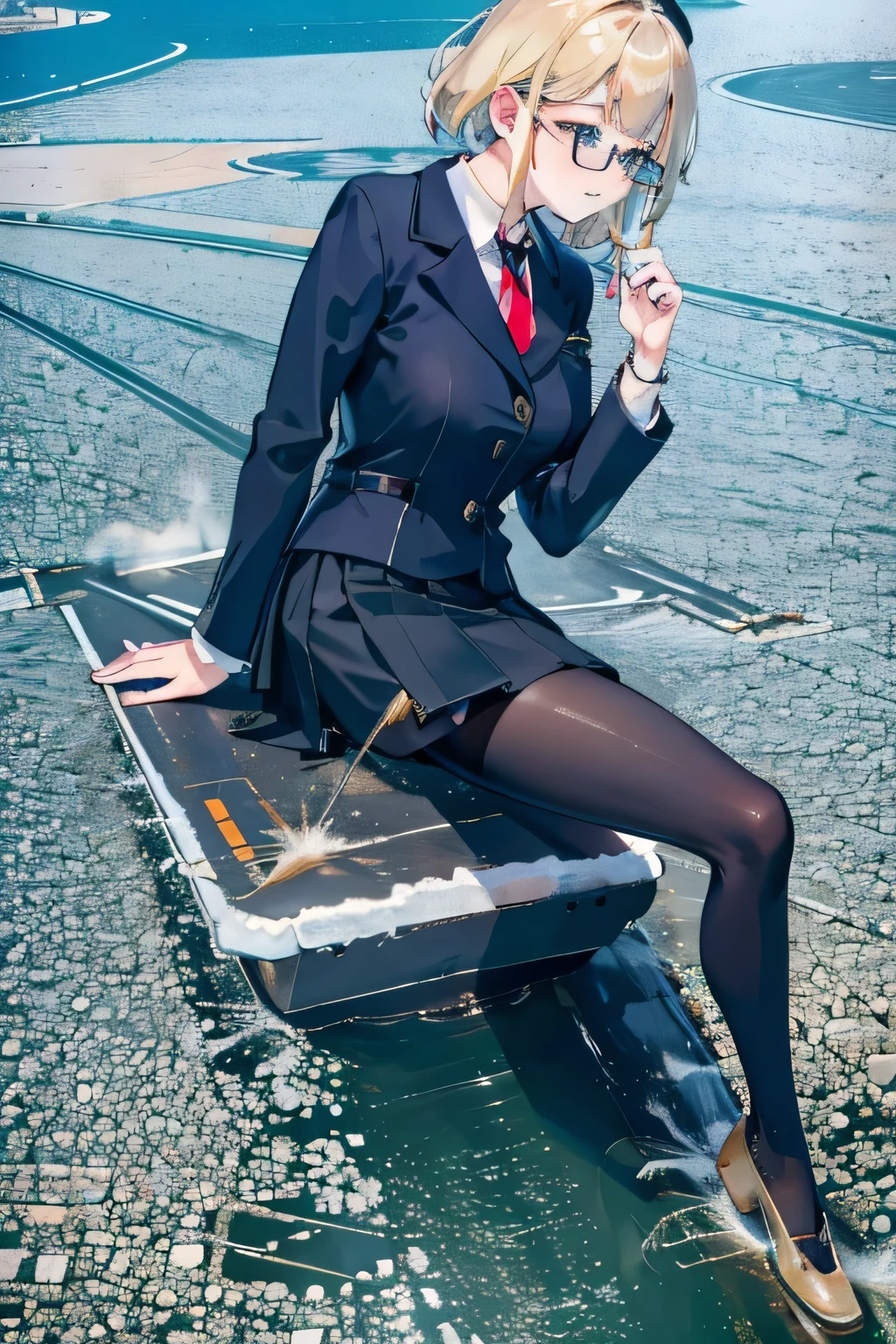 giantess art, surreal high school girl, 非常に詳細なGiantショット, Giant, short hair, black pantyhose, A gigantic high school girl that&#39;s much bigger than a skyscraper, wearing rimless glasses, big breasts, Navy blue blazer, Red tie, mini length skirt, black pantyhose, I don't wear shoes., very small metropolis, miniature metropolis, 足元までの高さしかないminiature metropolisで、Squatting down and urinating, The city is a sea of urine, tsunami of urine, Small trains and cars are being washed away by urine., full body description, gts, giga giantess, black pantyhose, pantyhose feet, pantyhose foot, ,stomping city,crash city,tiny city,micro city, peeing, crash aircraft carrier, tiny aircraft carrier, micro aircraft carrier,