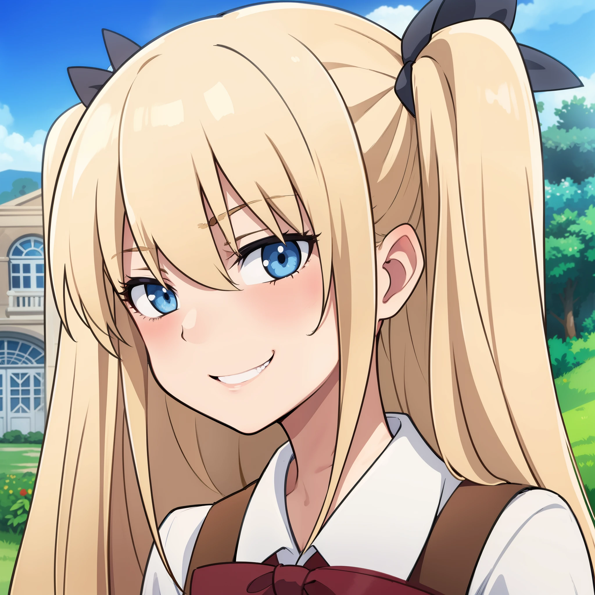 High quality, masterpiece (One girl) Blonde. hair with ponytails. Blue eyes. grin. clothing white shirt with vest and red bow. against the backdrop of the mansion and garden.