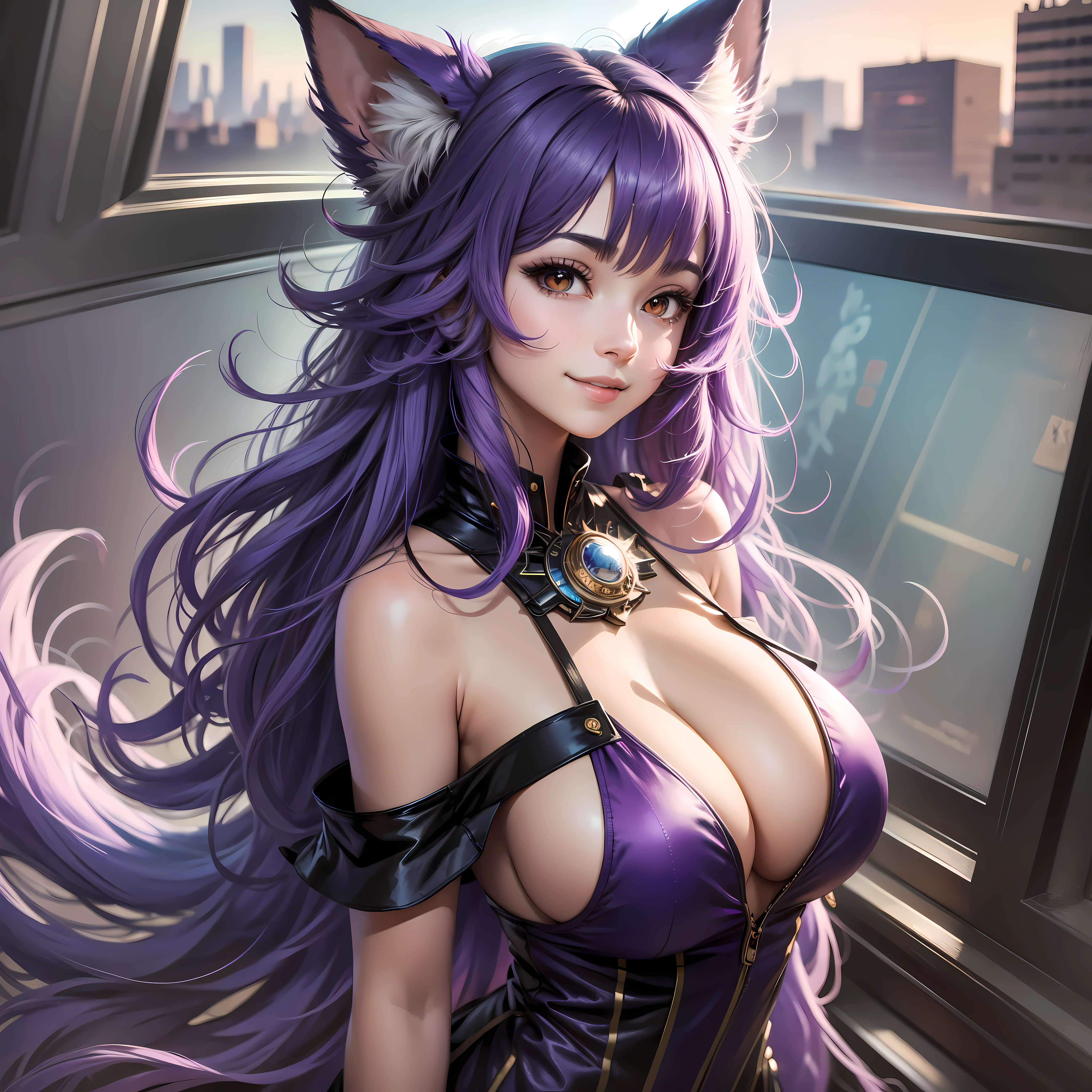 1Girl, red eyes, smile, Purple Hair, cat girl, T-pose, no background, huge breasts, cleavage, sideboob, huge butt, Purple fluffy tail, sexy, long tail, sexy dress, waruochi, japanese clothes, concept, concept dress, ribbon on the chest, purple hair, purple hair, curtained hair, bangs, medium hair, fox ears, smile, anime, Wide-Angle, ray tracing, bloom, depth of field, anime style, anime, ((masterpiece)), 8K, highres, ((best quality)), super detail, award winning, anatomically correct