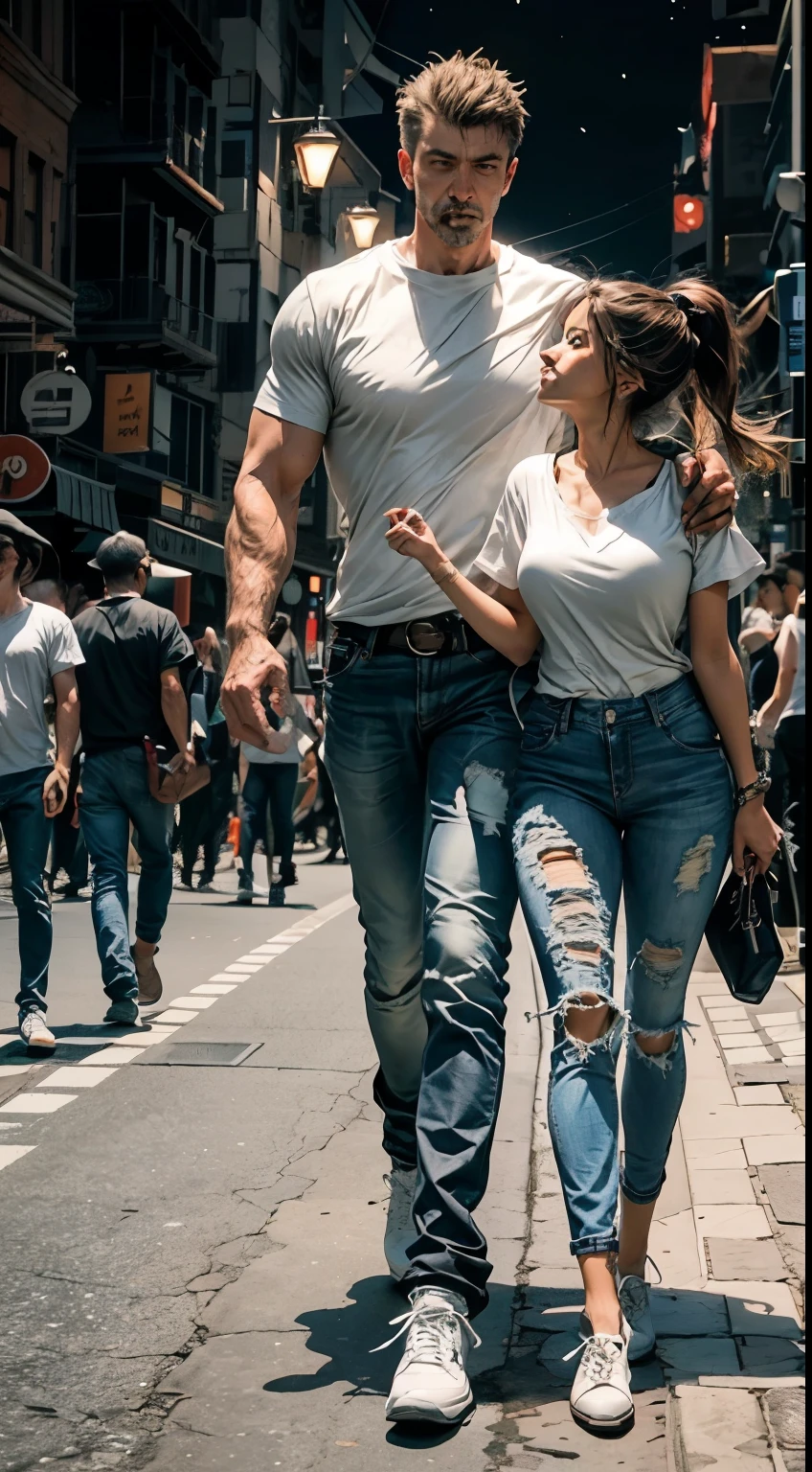 Mature Woman、Hug Shoulder((hug shoulder))Wear tops、Wear low rise skinny jeans、Wear stiletto heels、Carry a cute backpack、smile、Walking around a town popular with young people