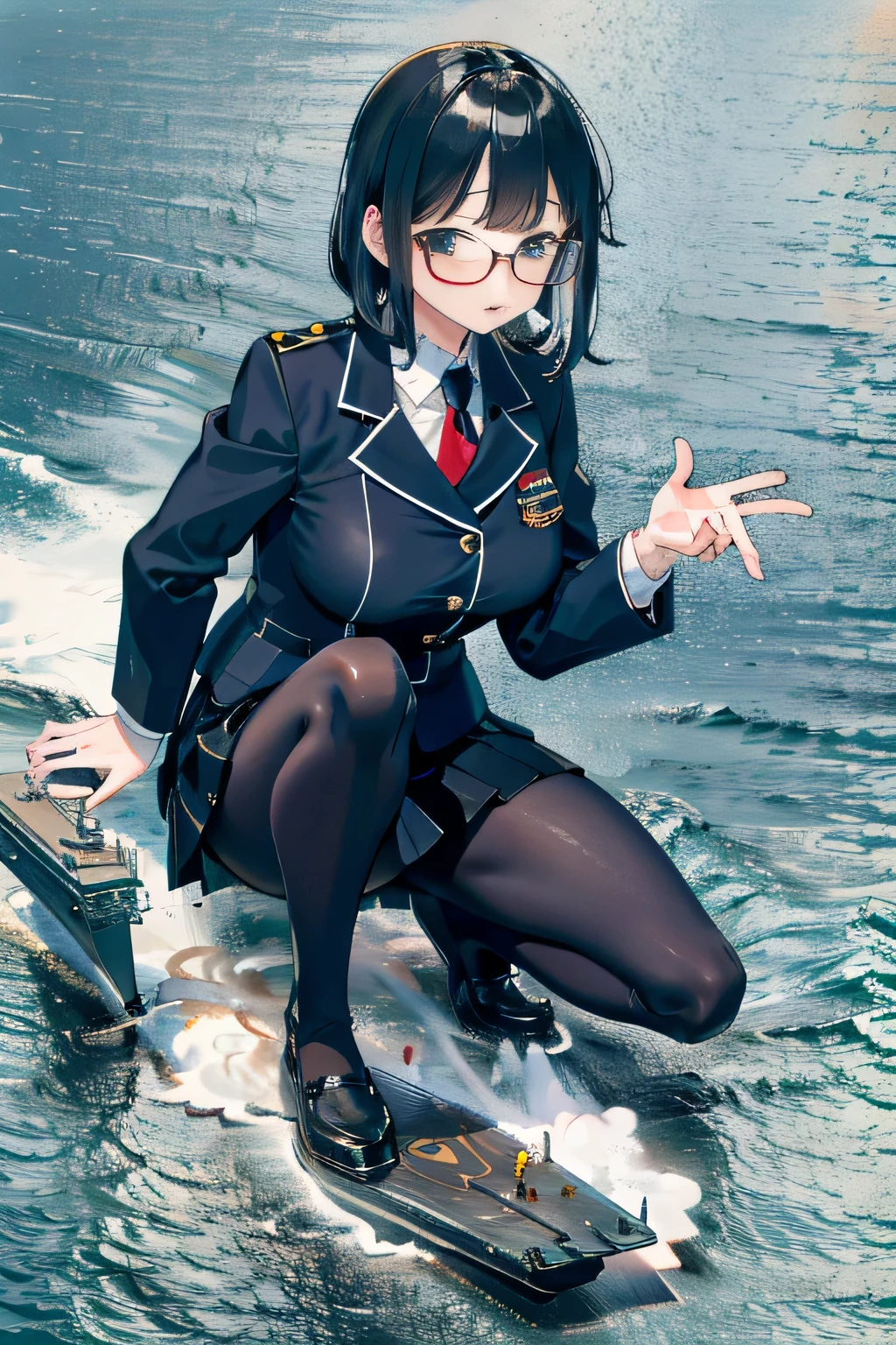 giantess art, surreal high school girl, 非常に詳細なGiantショット, Giant, short hair, black pantyhose, A gigantic high school girl that&#39;s much bigger than a skyscraper, wearing rimless glasses, big breasts, Navy blue blazer, Red tie, mini length skirt, black pantyhose, I don't wear shoes., very small metropolis, miniature metropolis, 足元までの高さしかないminiature metropolisで、Squatting down and urinating, The city is a sea of urine, tsunami of urine, Small trains and cars are being washed away by urine., full body description, gts, giga giantess, black pantyhose, pantyhose feet, pantyhose foot, ,stomping city,crash city,tiny city,micro city, peeing, crash aircraft carrier, tiny aircraft carrier, micro aircraft carrier,