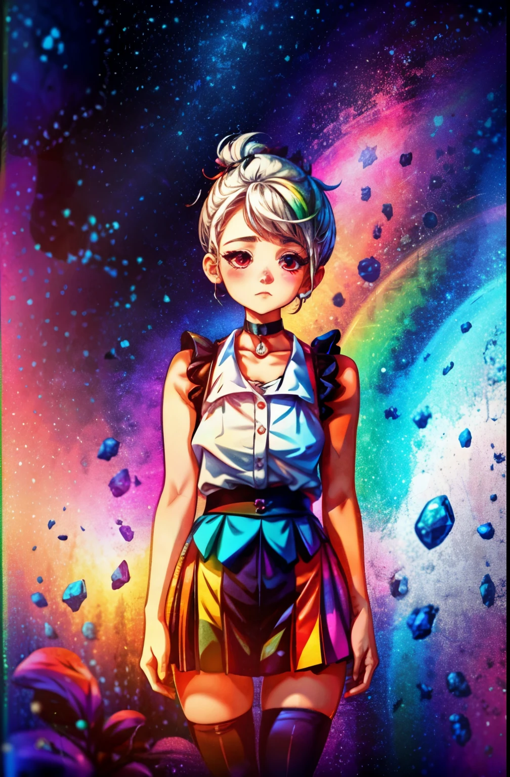 Rainbow on background、rainbow colors、Colorful、highest quality、Super high resolution、(photoreal:1.4)、Female 1 Person、Sleeveless white buttoned shirt、black skirt、black choker、cute、(Kpop Idle)、(charm:1)、(platinum blonde hair:1)、((puffy eyes))、look at the audience、Full body Esbian、facing the front