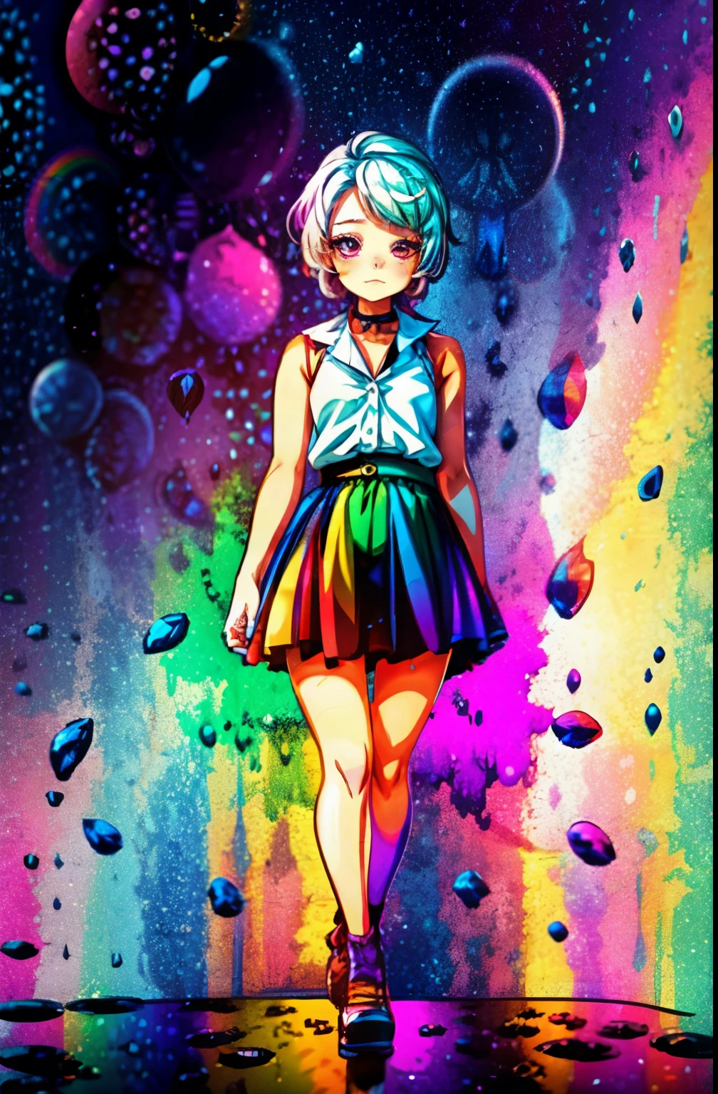 Rainbow on background、rainbow colors、Colorful、highest quality、Super high resolution、(photoreal:1.4)、Female 1 Person、Sleeveless white buttoned shirt、black skirt、black choker、cute、(Kpop Idle)、(charm:1)、(platinum blonde hair:1)、((puffy eyes))、look at the audience、Full body Esbian、facing the front