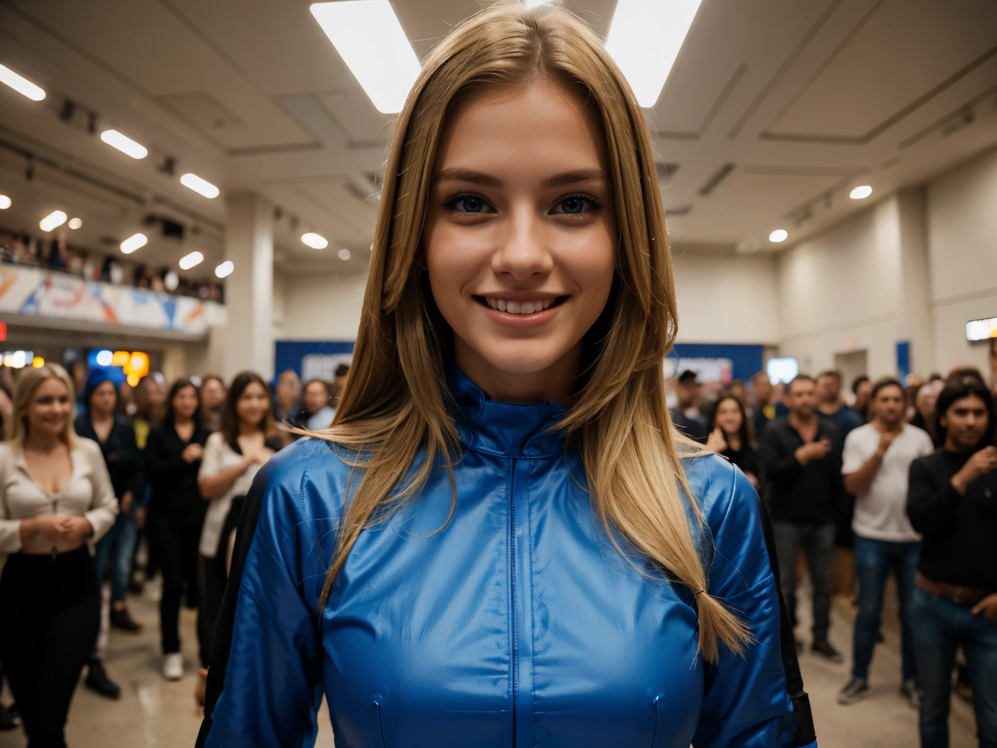 a beautiful model, wearing Cool and techie Outfit, stands in front of a big crowd, smiling friendly , blonde straight hairs, blue eyes, happy face, realistic photography