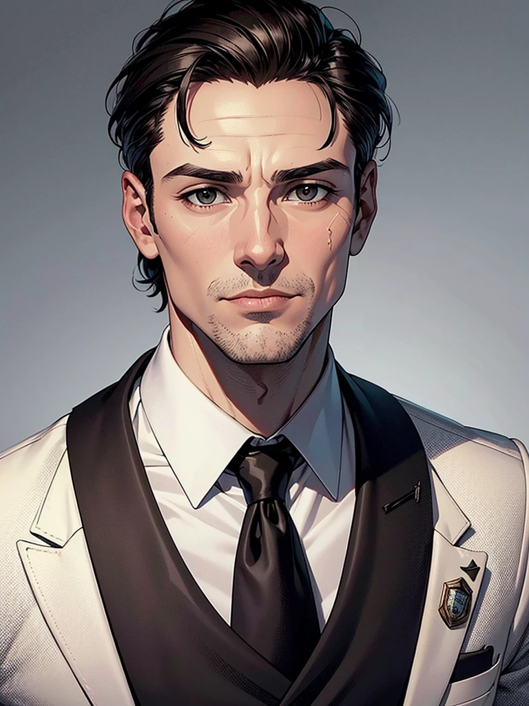 Cuvugar Trimes, a human male 45 year old police investigator, white skin, brown eyes and a face with no scars, (grey) short hair style. Wearing a dark suit from the current era in a white background only. Face close up looking at the camera, comic book style