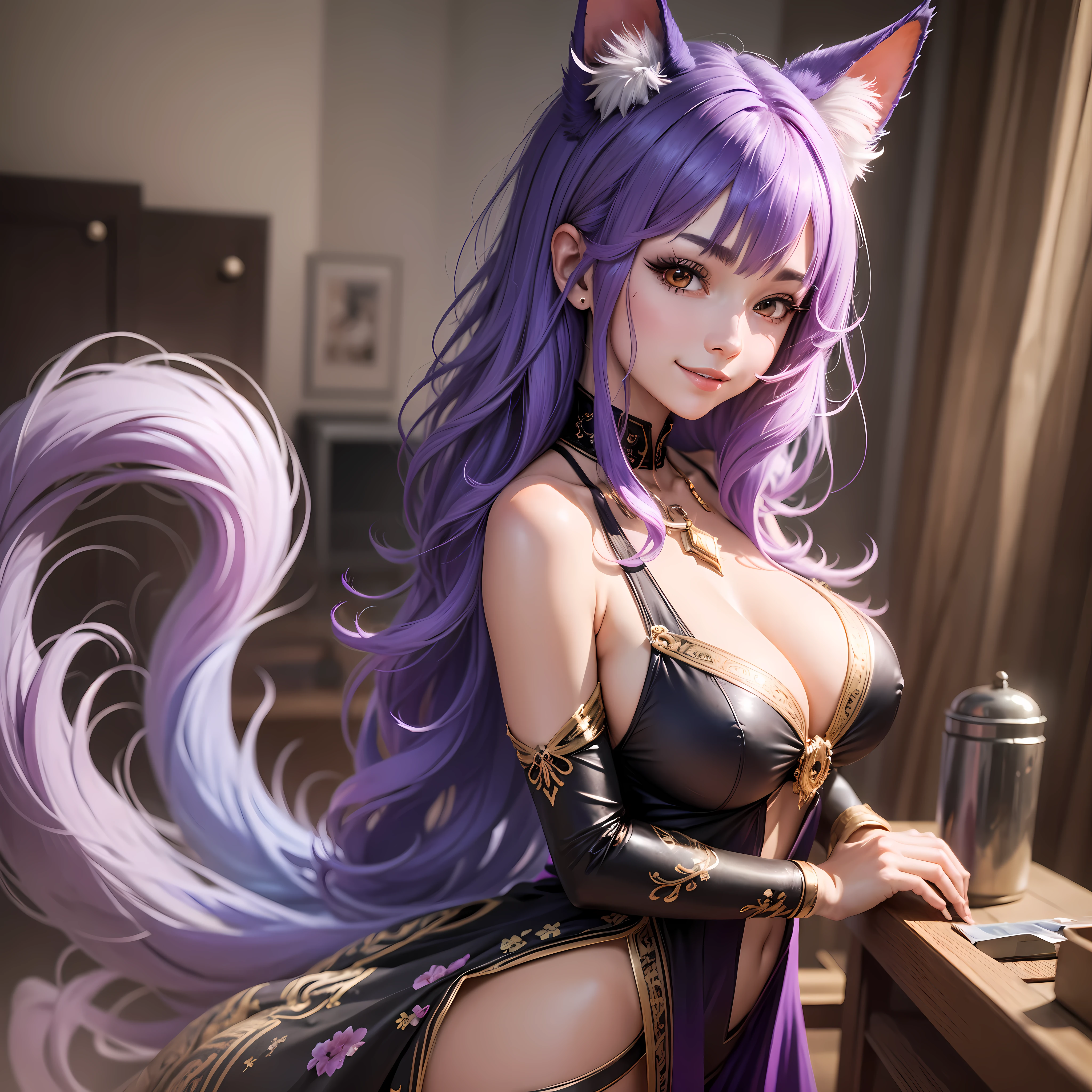 1Girl, red eyes, smile, Purple Hair, cat girl, T-pose, no background, huge breasts, cleavage, sideboob, huge butt, Purple fluffy tail, sexy, long tail, sexy dress, waruochi, japanese clothes, concept, concept dress, ribbon on the chest, purple hair, purple hair, curtained hair, bangs, medium hair, fox ears, smile, anime, Wide-Angle, ray tracing, bloom, depth of field, anime style, anime, ((masterpiece)), 8K, highres, ((best quality)), super detail, award winning, anatomically correct