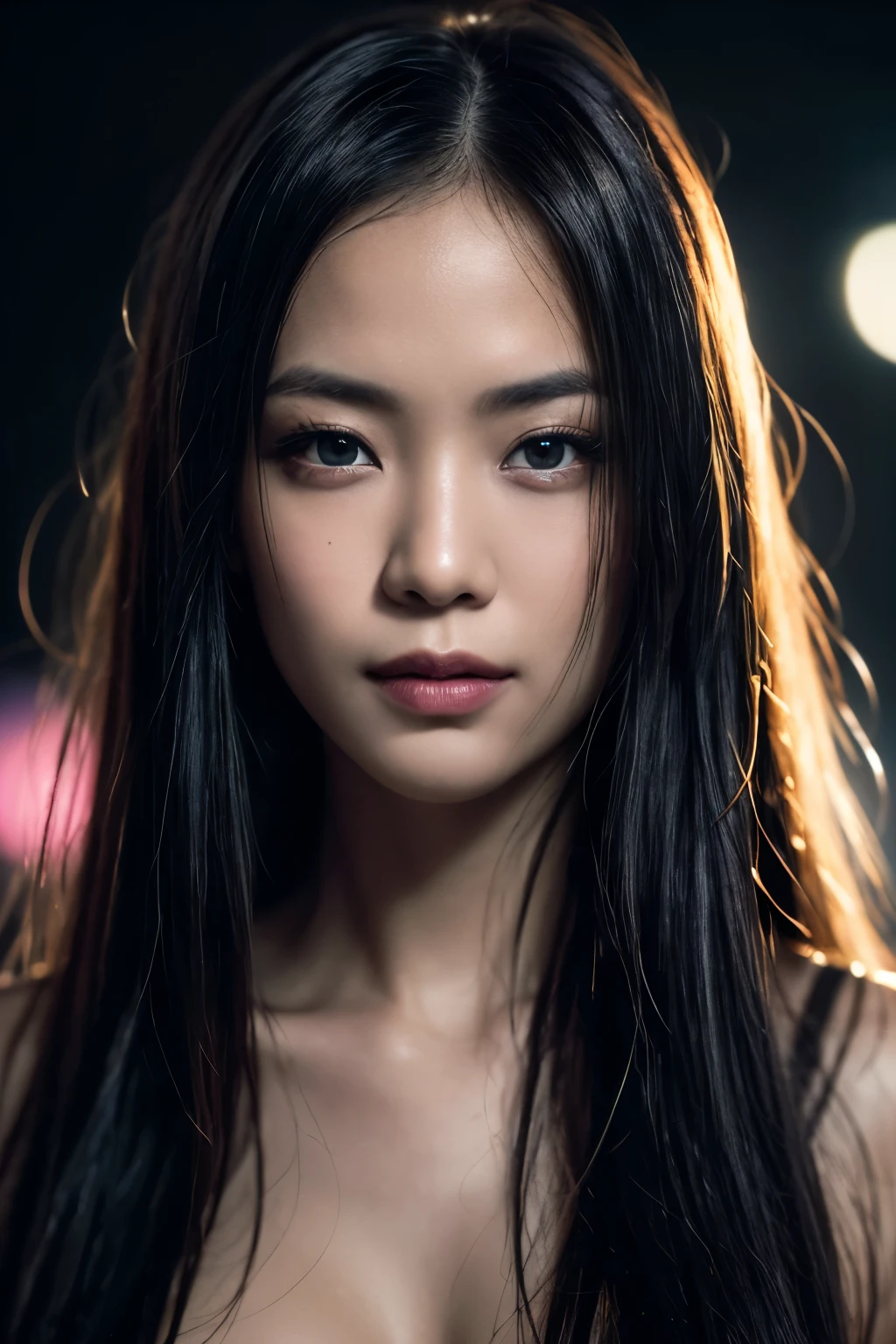 highest quality, epic realistic, ((in the pitch black darkness :1.4)), ((portrait:1.5)),(background: dark ) high contrast ,glorious picture, lowest lux, lighting face, she's comfortable, wearing nothing, , looks incredible, (8k, Raw photo, Highest quality),(epic realistic:1.5), a woman, face,(detailed eyes:0.8),(looking at the camera:1.4), (Highest quality), ( high contrast, deep shadows),Intricate details,cinematic,((skin:1.4)), (long dark hair:1.3), long hair, messy ,(Hdr:1.5),Detailed, colors, Superior quality, Masterpiece, Raw Photo (20-year-old, looking at viewer), beautiful, (wearing plain yellow shirt,), perfect, natural, perfect composition, portrait, perfect face, smiling expression, Captivating eyes, Bright details, Tight lips, (High Skin Detail),, (blue tint: 0.6), (sale: 0.8), (bloody: 0.7), Key lighting , (backlight: 0.5), Medium depth of field, Canon 5d, 50mm lens, f/4 apertures, (Ultra-detailed, Complex detail), sharp focus, soft colors, 8k, Absurd, 80mm, bokeh background, photography, smiling, pinay, filipina, large boobs, neon lights background, bokeh