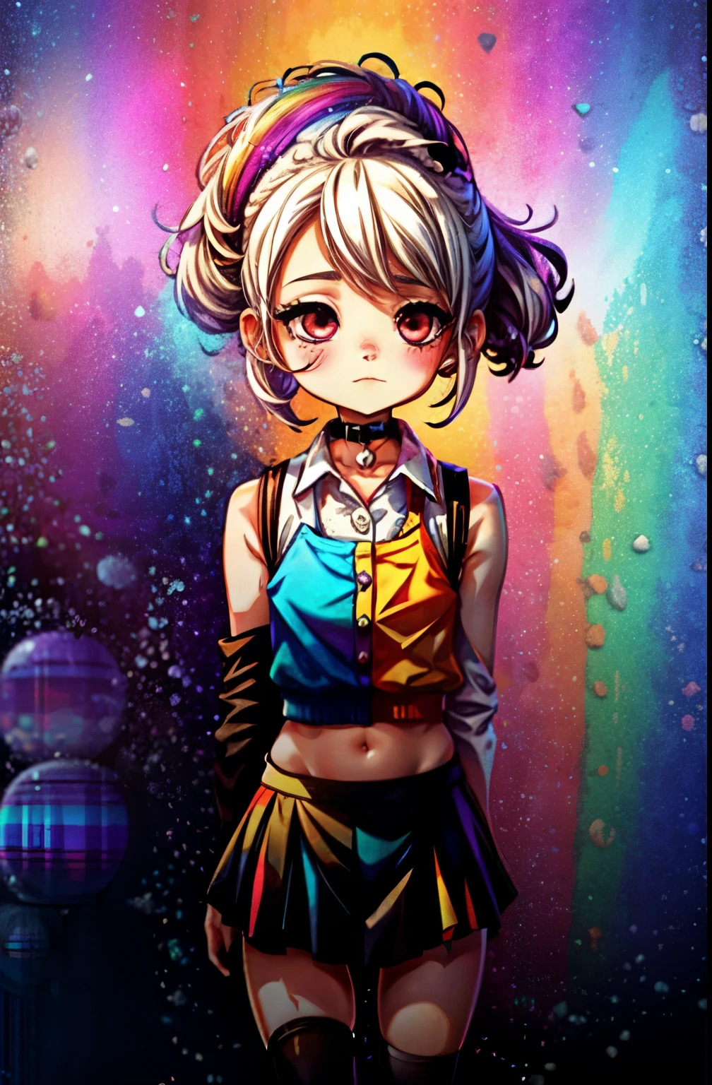 Rainbow on background、rainbow colors、Colorful、highest quality、Super high resolution、(photoreal:1.4)、Female 1 Person、Sleeveless white buttoned shirt、black skirt、black choker、cute、(Kpop Idle)、(charm:1)、(platinum blonde hair:1)、((puffy eyes))、look at the audience、Full body Esbian、facing the front