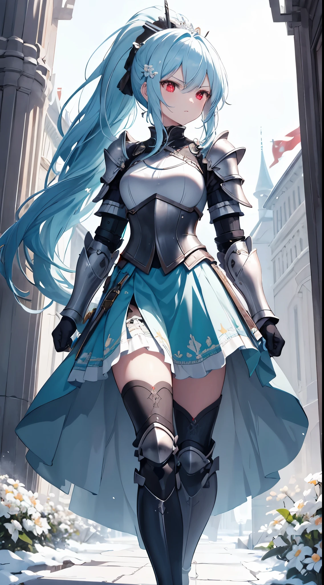 [[[ ultra-detailed, best quality, soft skin, beautiful, 4K]]] high definition, cyan hair, silky hair, red eyes, long hair, ponytail, battle maiden full armor, medium skirt, engraved armor, fit body, snowy palace, white flower hairpin, princess, serious expression, walking angle.