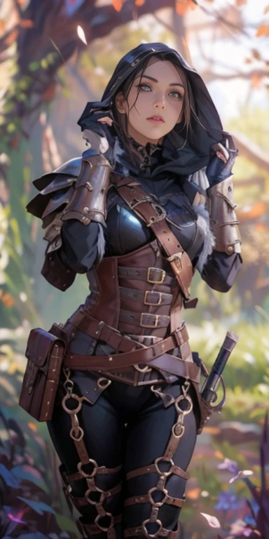 uma mulher de espartilho e capuz segurando uma arma, vestindo armadura de assassino de couro, armadura de fantasia muito estilosa, armadura de couro elegante, roupas de couro de fantasia, magic leather armor, beautiful assassina feminina, assassina feminina, armadura de couro escuro, estilo de fantasia steampunk, roupas de RPG da moda, magia e vapor - inspirado no punk, ornaeather sci-fi armor,