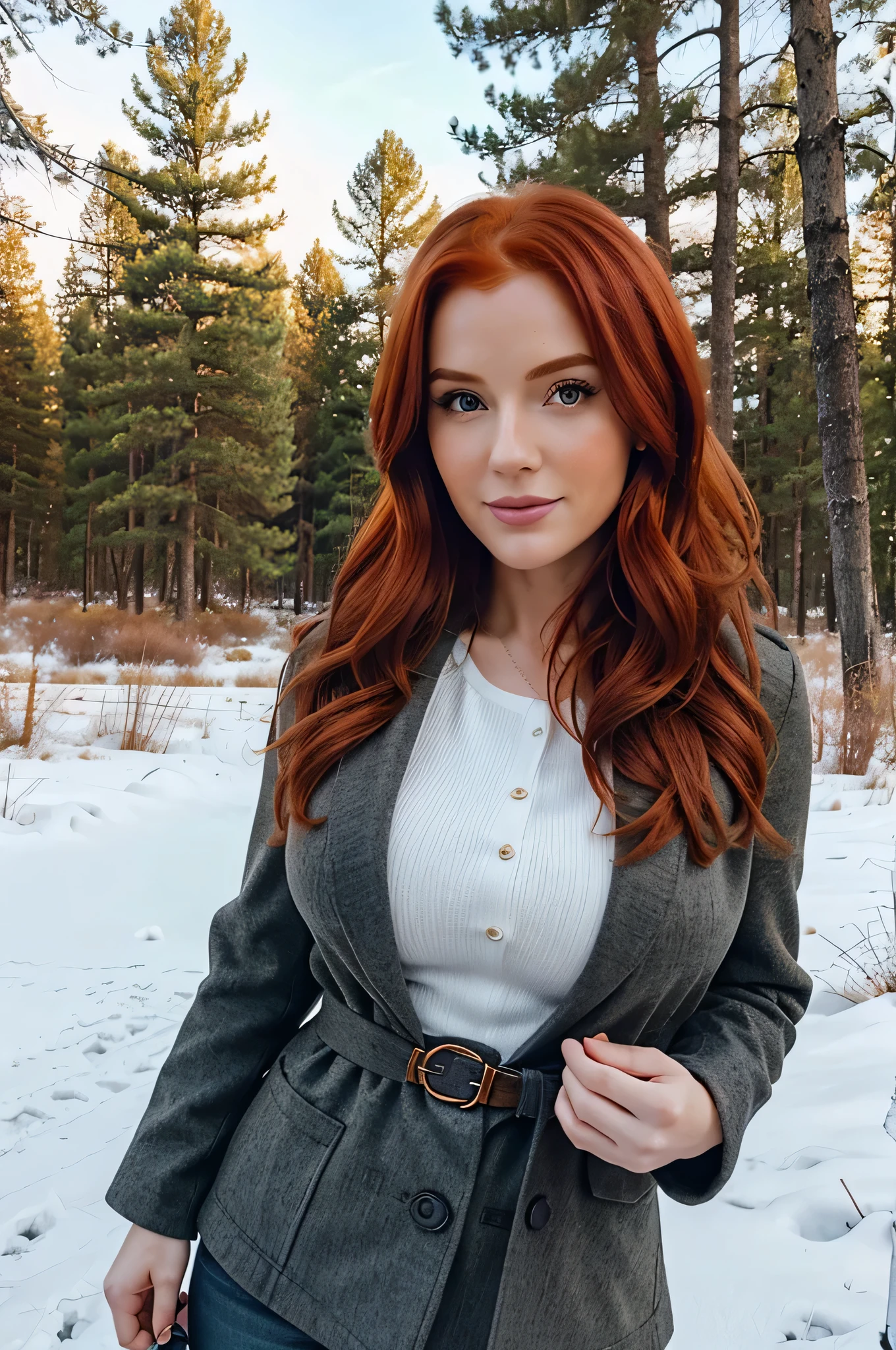 Realistic 33 year old redhead girl, medium-big bust, in selfie mode for Instagram dressed with winter clothes Snapchat influencer Full photo standing and happy in the nature