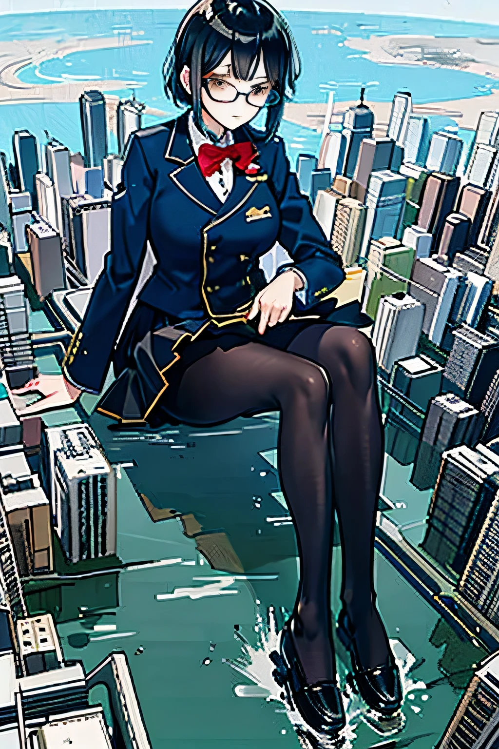 giantess art, surreal high school girl, 非常に詳細なGiantショット, Giant, short hair, black pantyhose, A gigantic high school girl that's much bigger than a skyscraper, wearing rimless glasses, big breasts, Navy blue blazer, Red tie, mini length skirt, black pantyhose, I don't wear shoes., very small metropolis, miniature metropolis, 足元までの高さしかないminiature metropolisで、Squatting down and urinating, The city is a sea of urine, tsunami of urine, Small trains and cars are being washed away by urine., full body description, gts, giga giantess, black pantyhose, pantyhose feet, pantyhose foot, ,stomping city,crash city,tiny city,micro city, peeing, crash aircraft carrier, tiny aircraft carrier, micro aircraft carrier,